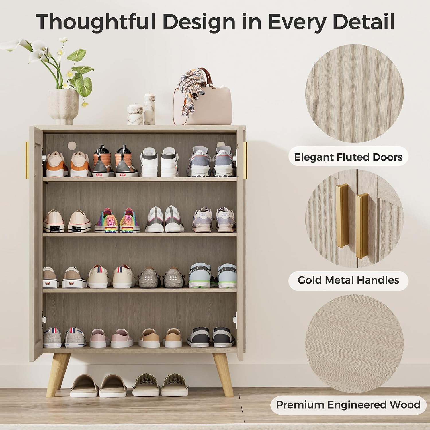 Fluted Shoe Cabinet with Doors, 4-Tier Entryway Shoe Storage