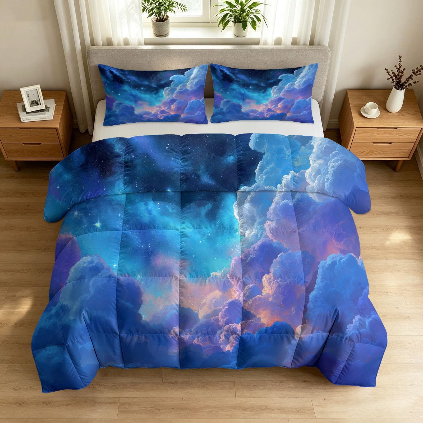 Bettdecke ohne Bezug 135x200 cm Digital Painting Landscape Antiallergisch Leichtsteppbett & Ganzjahresdecke - Waschbar mit 2 Kissenbezügen Cloud Star Glowing Sparkle Weiche und Atmungsaktive Wende