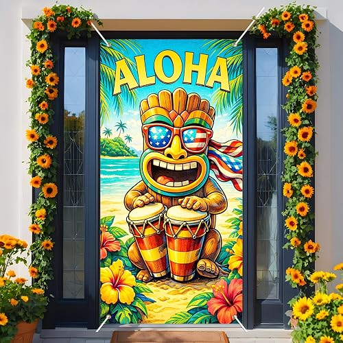 BlissYard Summer Door Cover 35x71 Inch Tiki Hibiscus Porch Decor