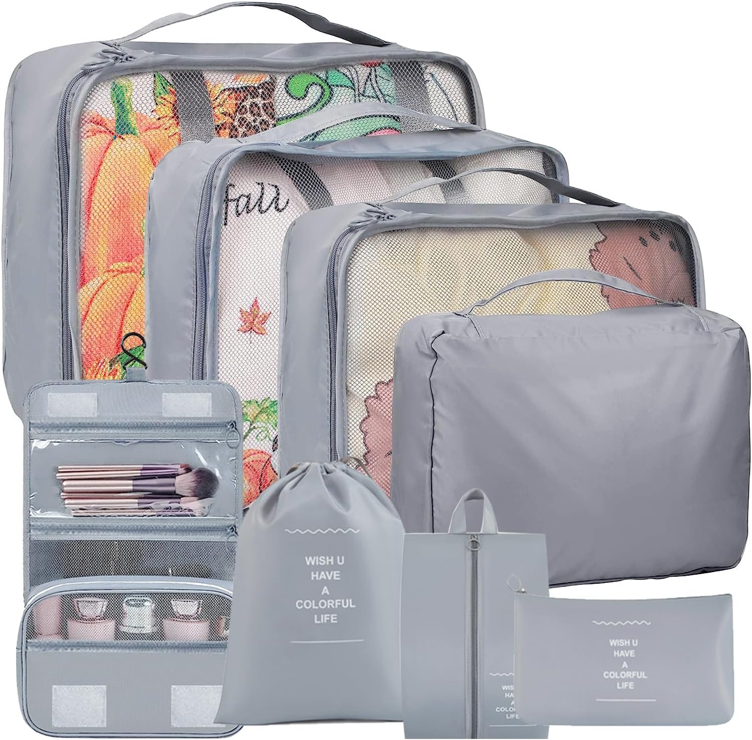 TiokkssTiokkss 8 Set Packing Cubes for Suitcases,Travel Essentials Bag Organizers for Carry on, Luggage Organizer Bags Set for Travel Accessories(Grey)