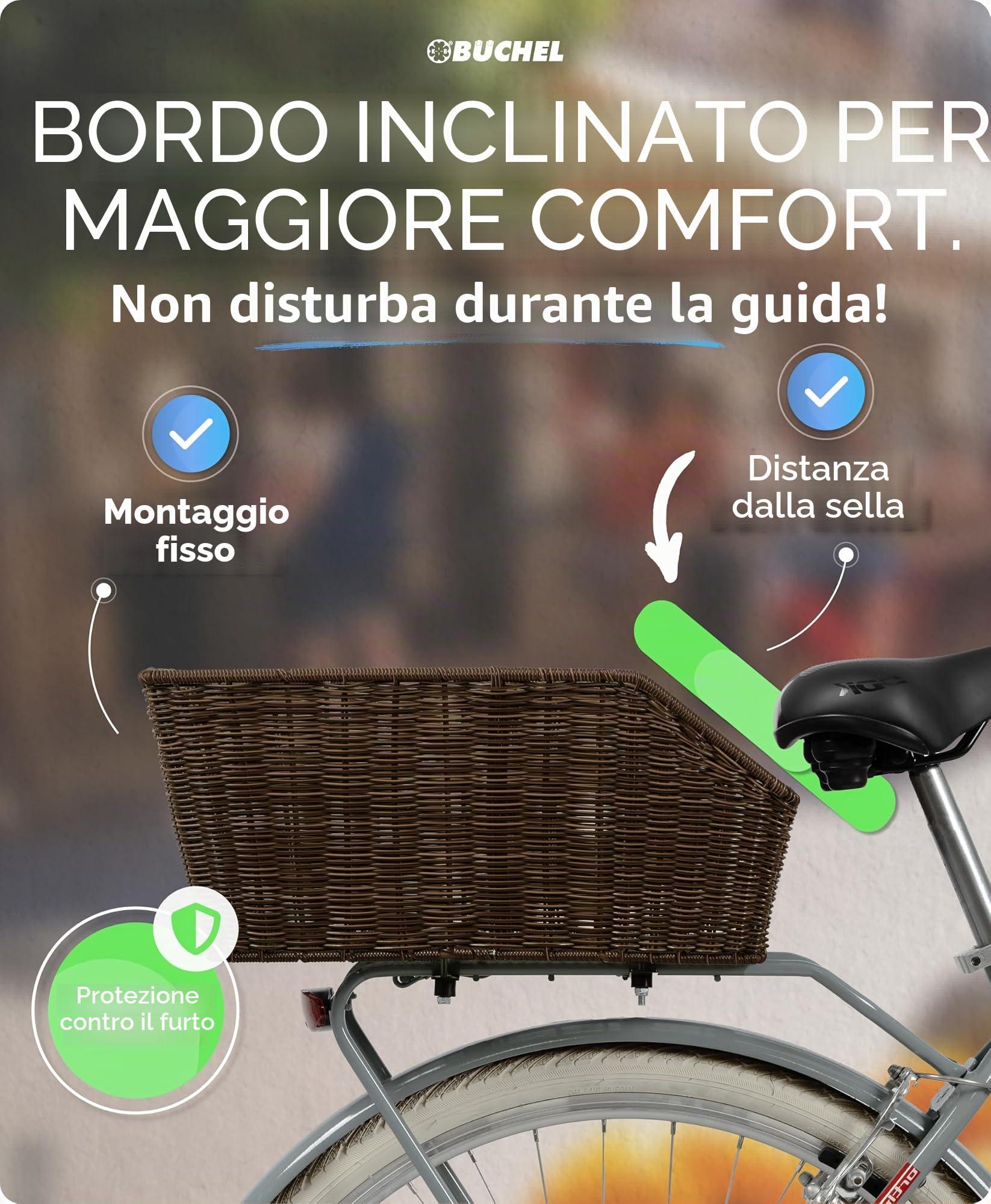 Büchel Cestino posteriore per bicicletta in polyrattan di alta qualità, cestino posteriore per bicicletta con materiale di fissaggio, cestino posteriore grande per bicicletta per bambini posteriore