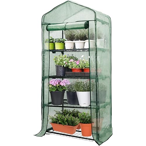 Worth Garden 4 Tier Mini Greenhouse - 63'' H x 27'' L x 19'' W - Sturdy Portable Gardening Shelves with Durable PE Cover w/ Roll-Up Zipper Door- Small Green House Indoor & Outdoor for Plants Flowers