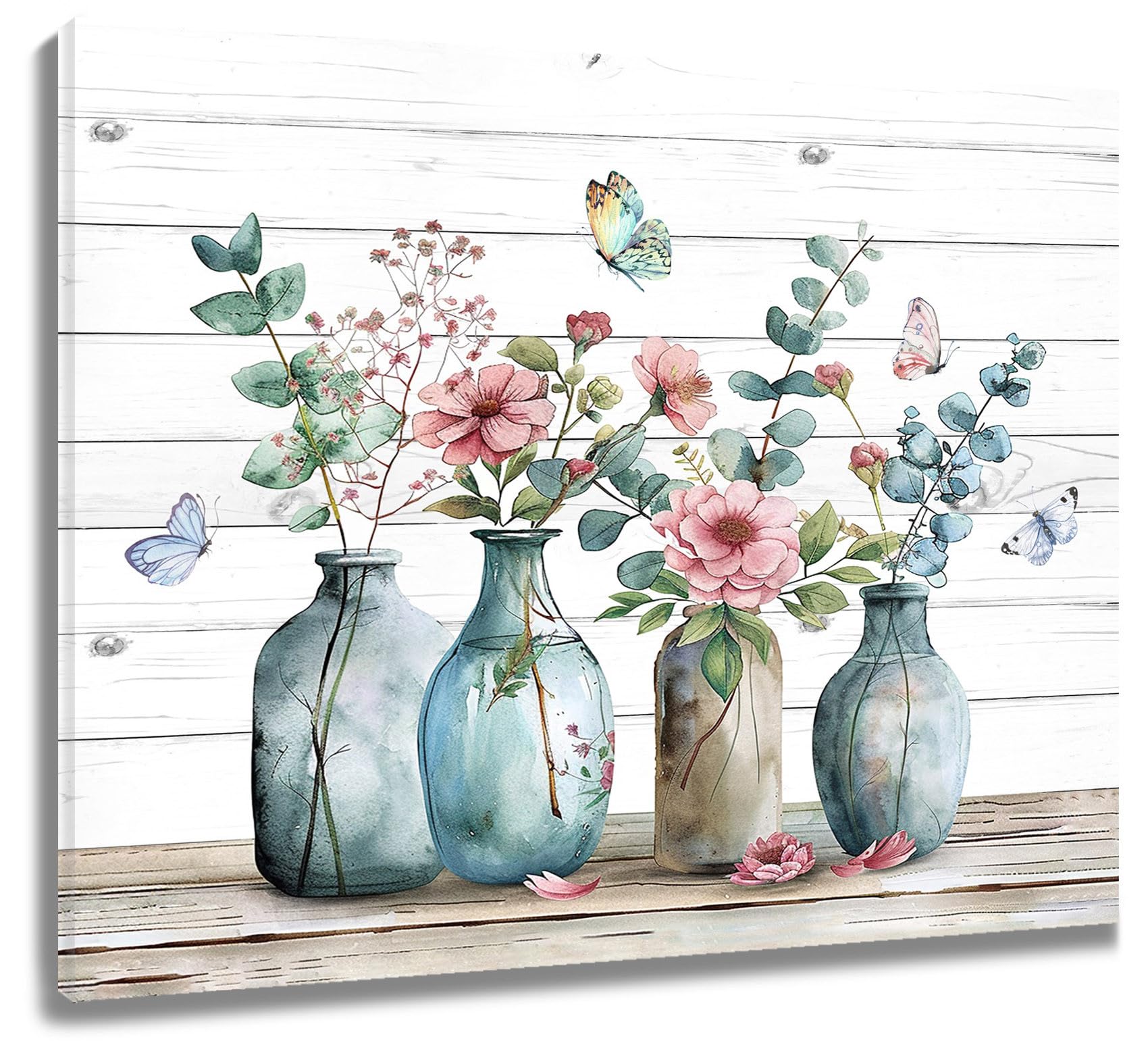 LB Pink Flower Wall Art- Green Plants Aesthetic Butterfly Canvas Wall Art Farmhouse Picture for Kitchen Bathroom Bedroom Living Room Decor,12Wx12H inch Wooden Framed — image 1