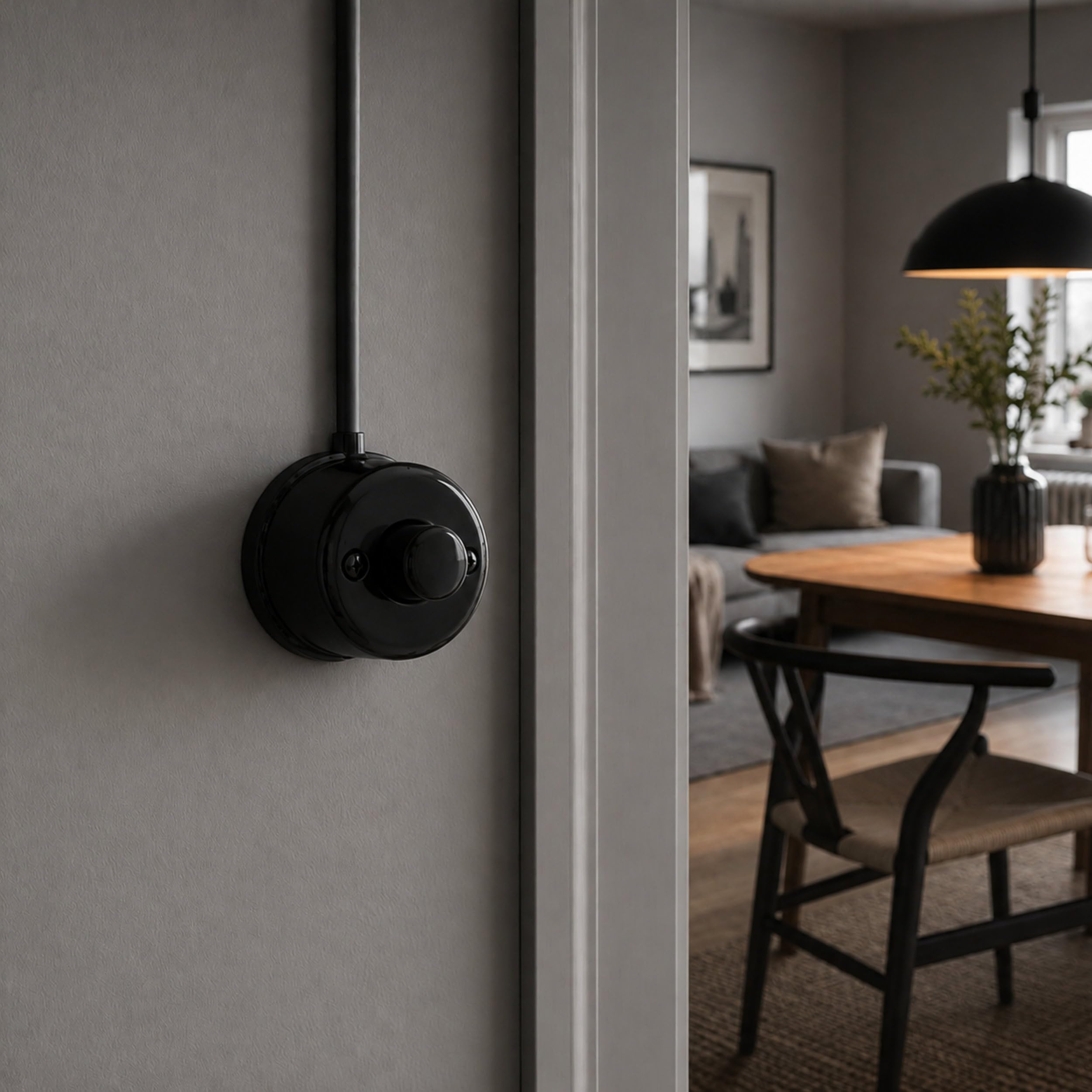Dimmer girevole a LED in porcellana retrò, All-in-One, serie QR1, nero | Vera porcellana con dimmer LED universale