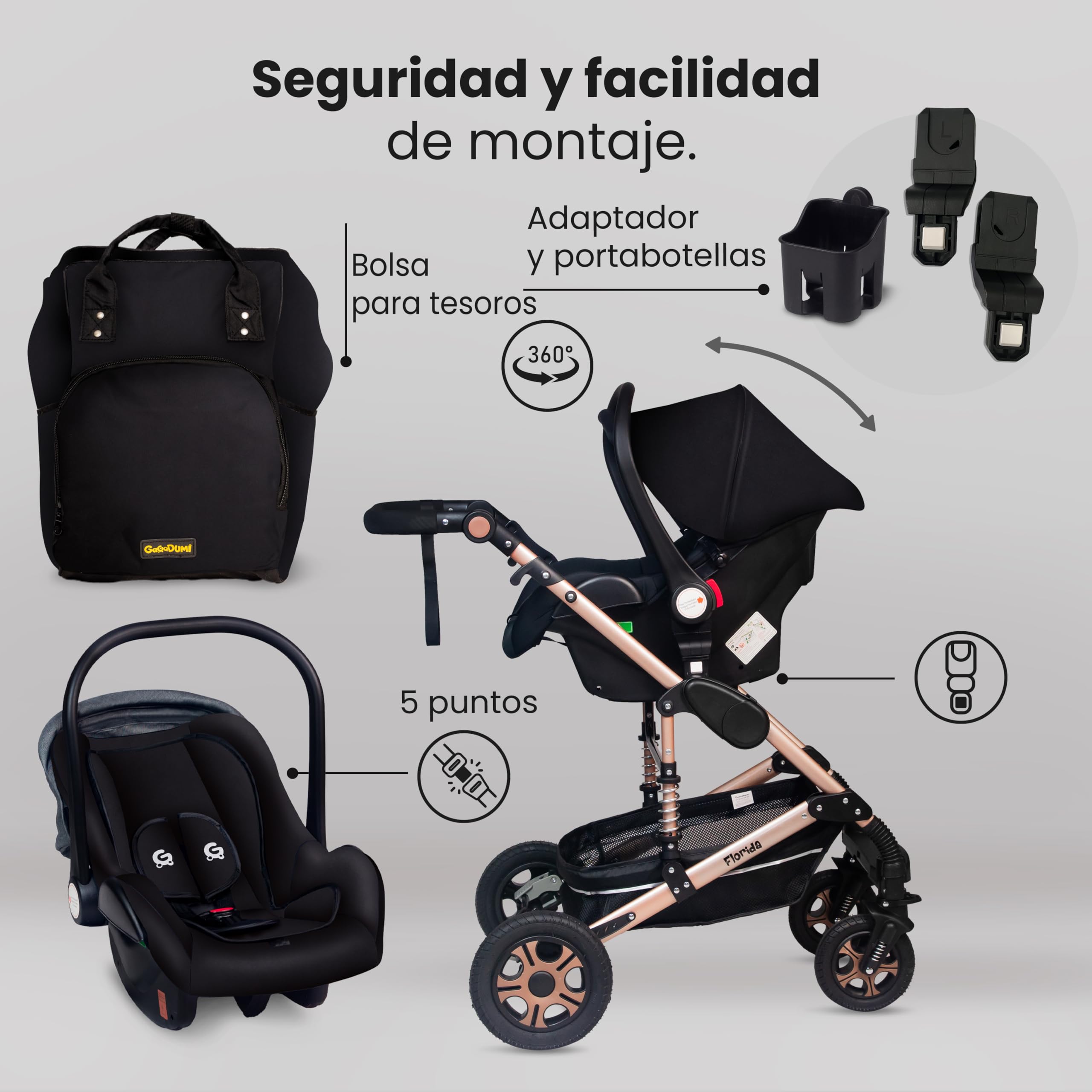 GaGaGaDumi Florida 3 en 1 cochecito completo con asiento de coche - Baby Stroller 3 en 1 TÜV - Cochecito combinado 3 en 1 juego completo de neumáticos completos, bolsa de pañales, Negro/negro