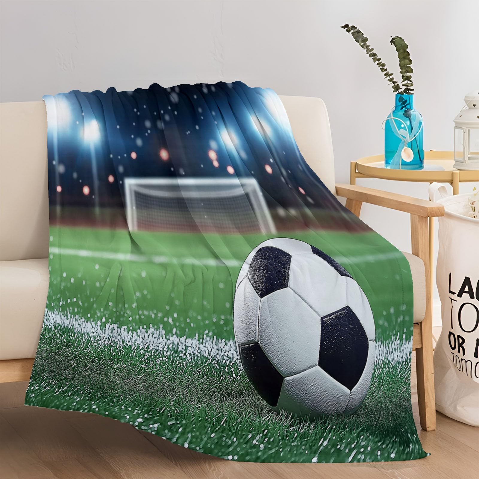 Miękki i lekki koc polarowy, fotografia w stylu retro piłka nożna oddychający koc flanelowy, zmywalny jasnozielony, 200 x 200 cm, odpowiedni do sofy w łóżku i na pikniki