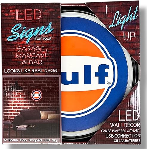 Miniatura 7 de Gulf Oil - Letrero redondo de neón LED, diseño de tapa de botella de 12 x 12 pulgadas, alimentado por batería o USB, naranja y azul