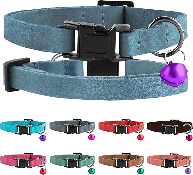 Murom Breakaway Cat Collar Leather Soft Adjustable Pet Kitten Collars with Bell Pink Brown Blue Green Red (Blue)