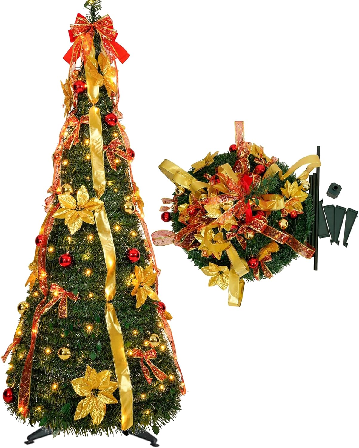 6 ft pre-lit Decorated Christmas Tree, 200 LED Warm Lights, pop-up Christmas Tree, Gold and red, PVC lit Christmas Tree Green 6 FT