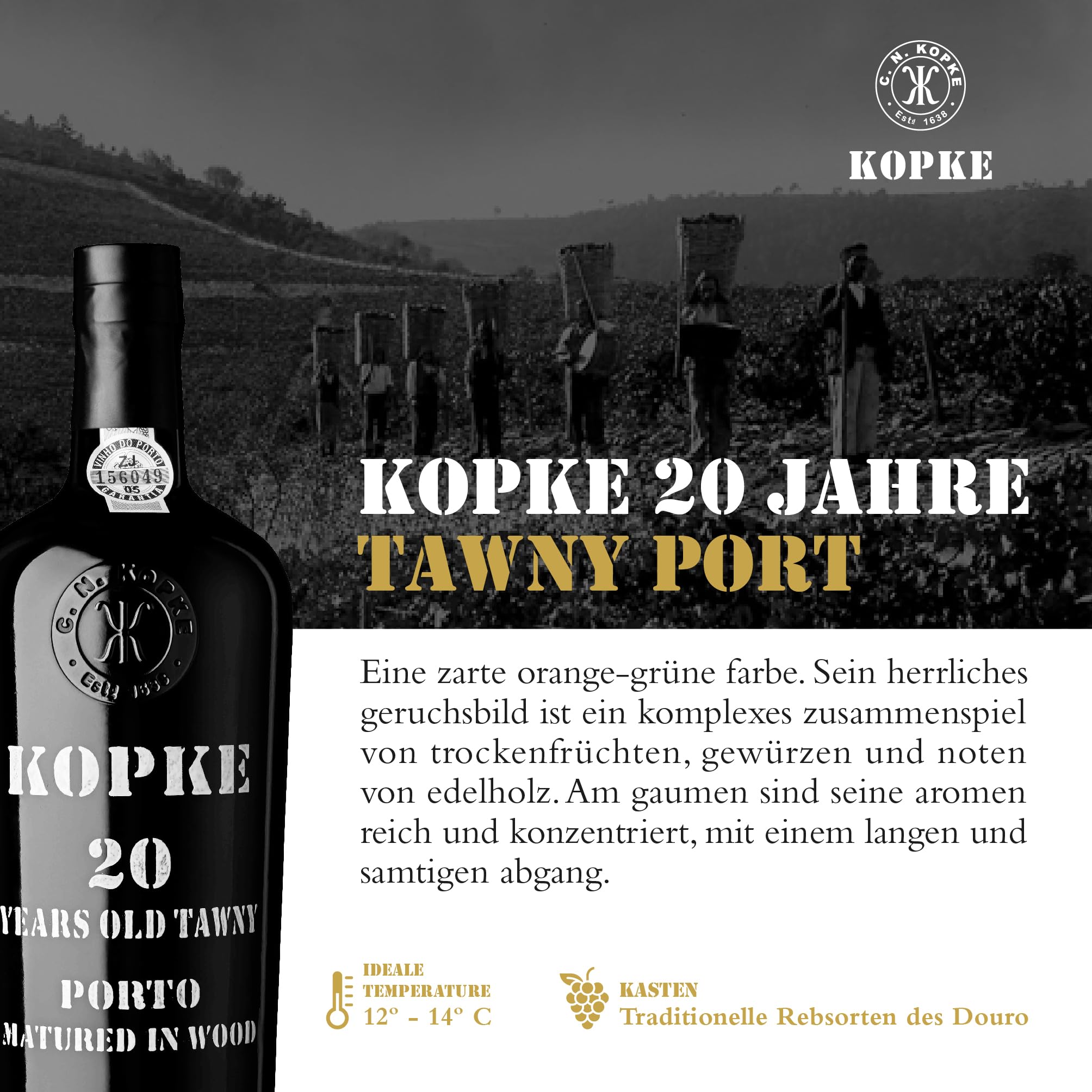 Kopke Tawny Portwein 20 Jahre alt - Exquisit im Holzfass Gereifter Portwein rot | Preisgekrönter Dessertwein | Elegante Flasche mit 0,75l, 20% Vol. in Geschenkkarton aus Holz