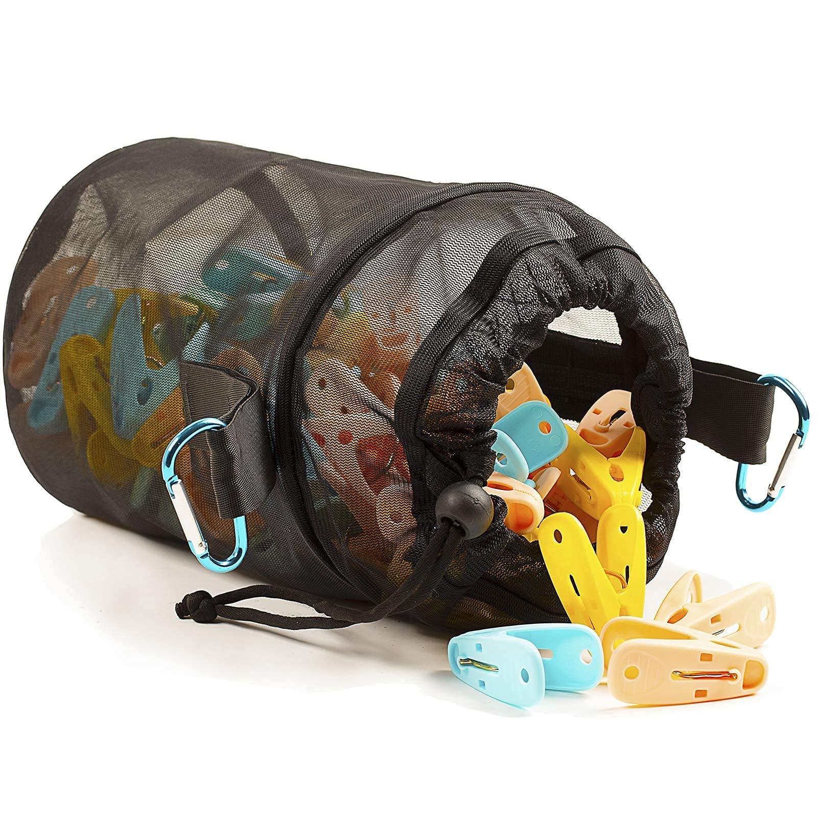 Netz-Wäscheklammer-Halter außen, mehrere Aufhänge-Methoden, Kleidernadel-Tasche mit Kordelzug, Belüftung und Feuchtigkeitsbeständigkeit, große Kapazität, Wäscheklammer-Organizer mit Haken