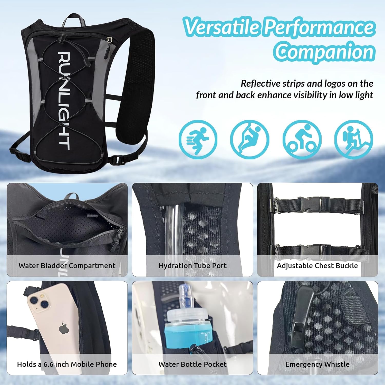 Running Vest for Women Men, Adjustable Hydration Backpack Breathable Reflective with 1.5L Water Bladder for Hiking, Trail, Running, Marathons, Cycling - Image 4