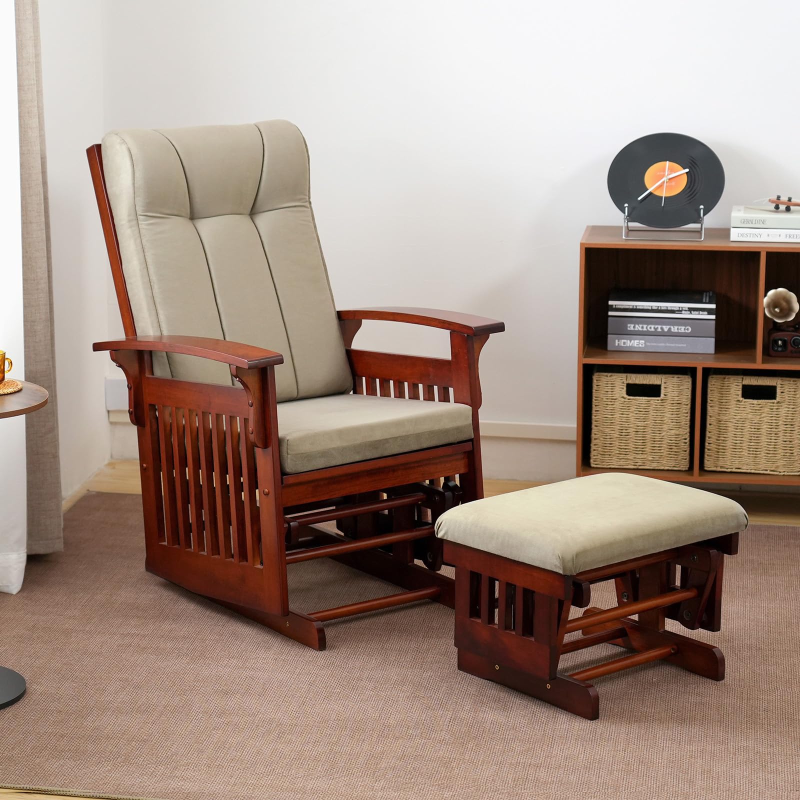 Nursery Glider Rocker with Ottoman Solid Hardwood Base