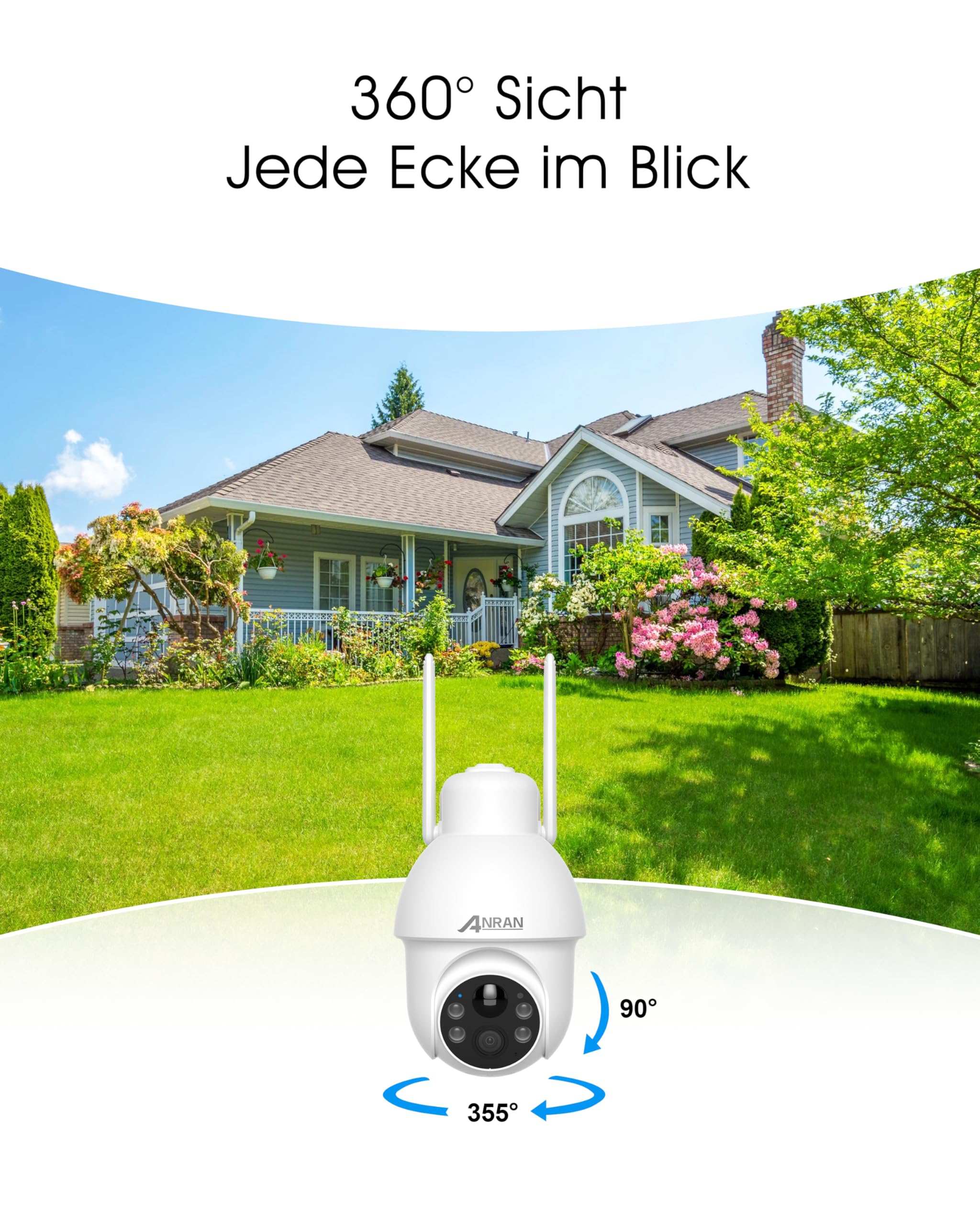 ANRAN 3K Überwachungskamera Aussen WiFi,5MP Ultra HD 360° PTZ Solar Überwachungskamera,Farbnachtsicht,Zwei-Wege-Audio,PIR Bewegungserkennung,Intelligenter Alarm,IP66 Wasserdicht,Alexa Kompatibel
