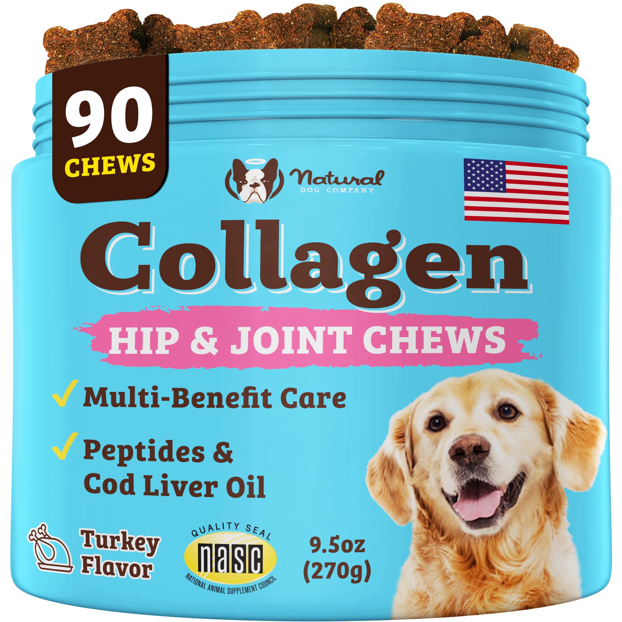 Natural Dog Company Collagen Chews for Dogs - Enhanced with Eggshell Membrane - Unique 4-Type Collagen Blend for Mobility, Hip, Joint, Skin & Coat Support - with Vitamin C and Hyaluronic Acid -90 Ct