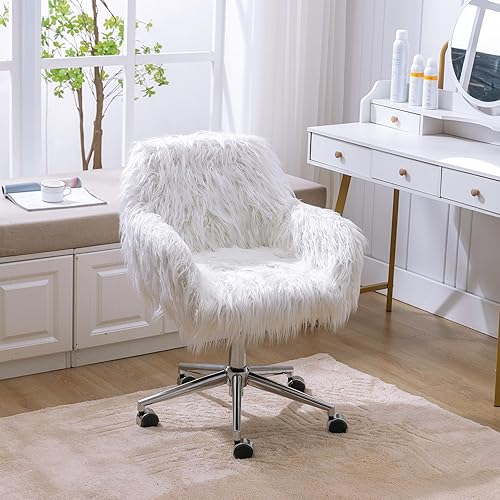 Miniatura 65 de Silla moderna de peluche para oficina en casa, bonita silla de escritorio tapizada con patas de metal dorado, silla giratoria ajustable con ruedas,