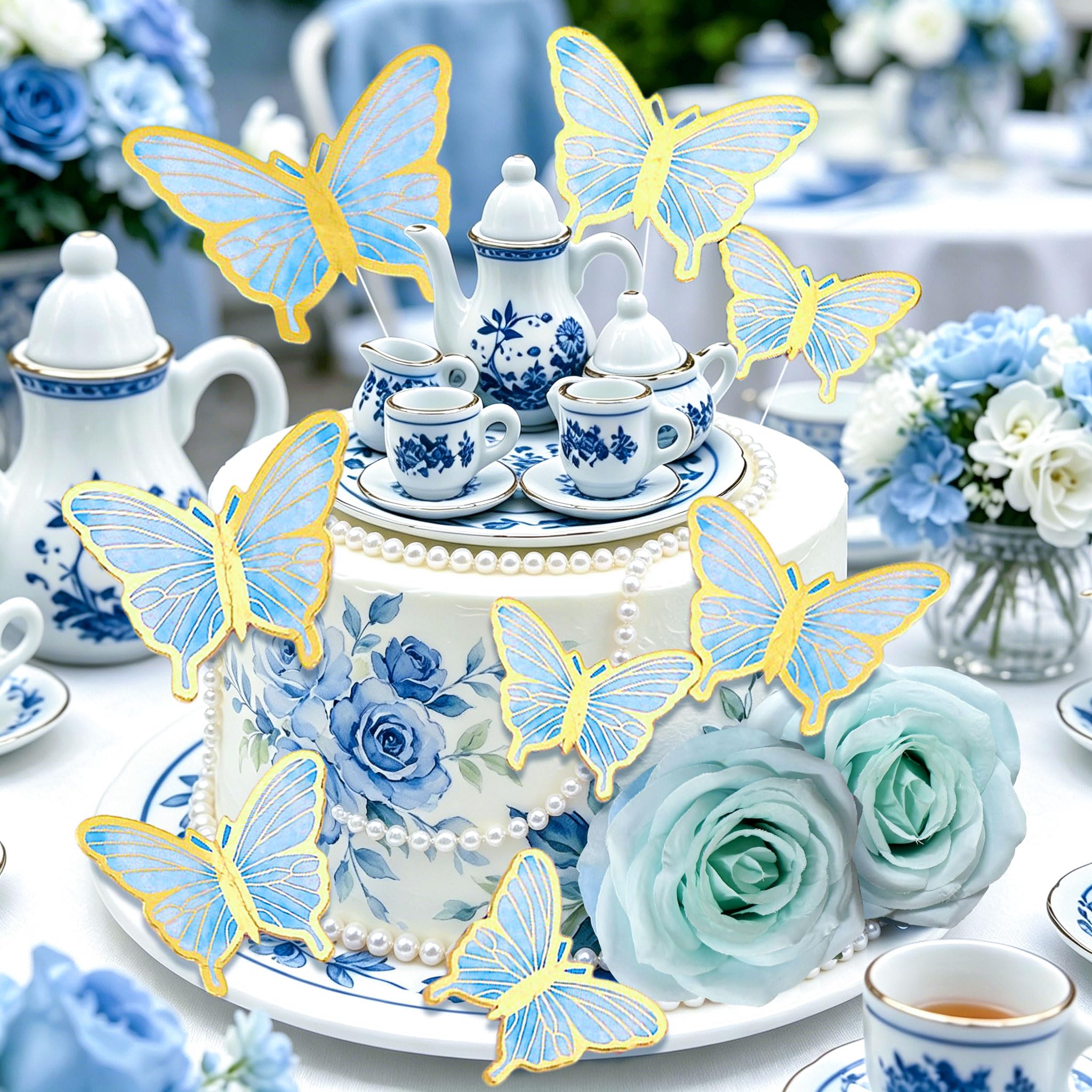 Tea Party Cake Toppers Flower Butterfly Teapot Teacup Floral Cake Decor