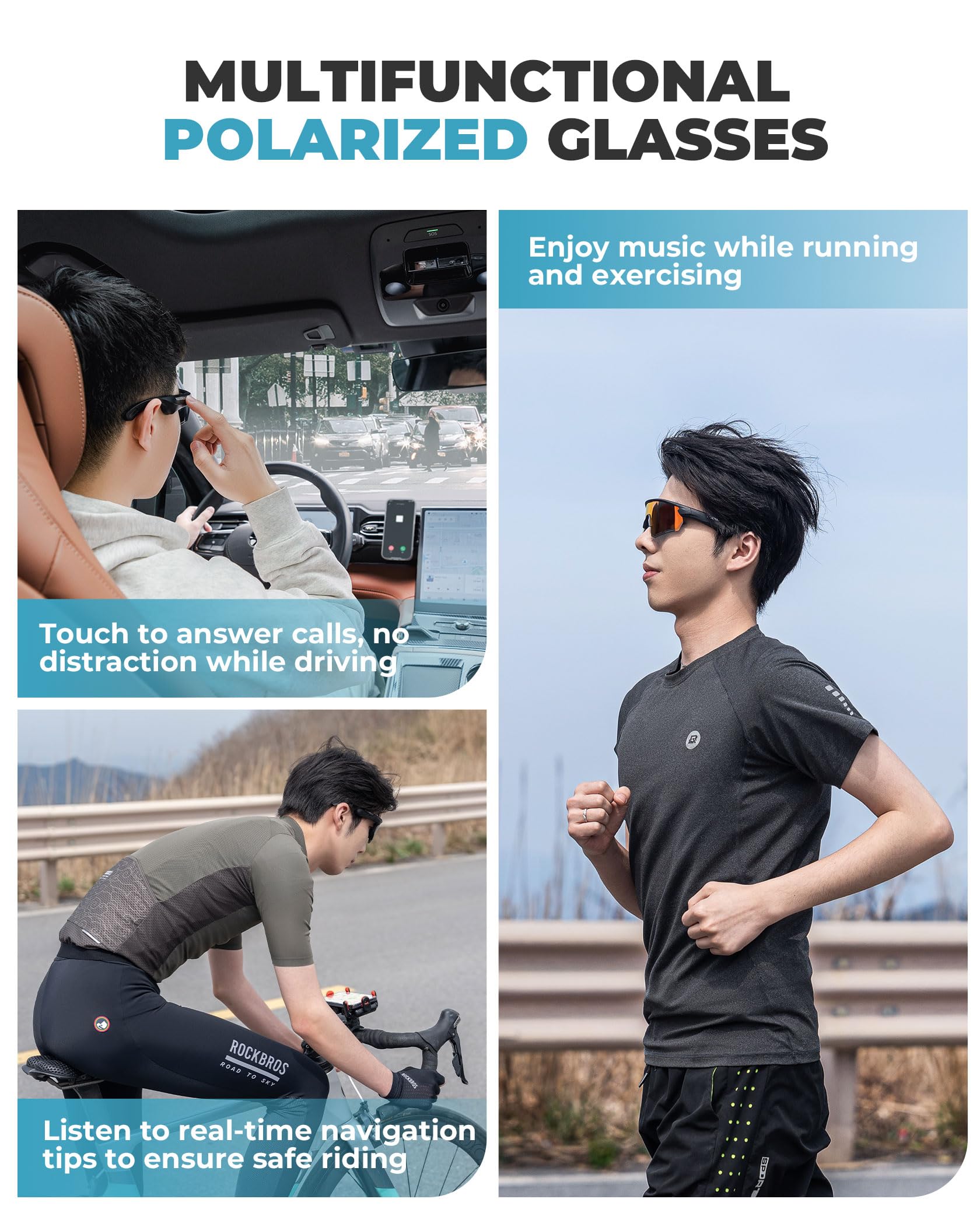 ROCKBROS Occhiali Intelligenti Bluetooth Bici, Occhiali da Sole con Apparecchi Acustici con Lenti Polarizzate Smart Glasses UV400 Open Ear Uomo Donna, per Bicicletta Corsa Guidare