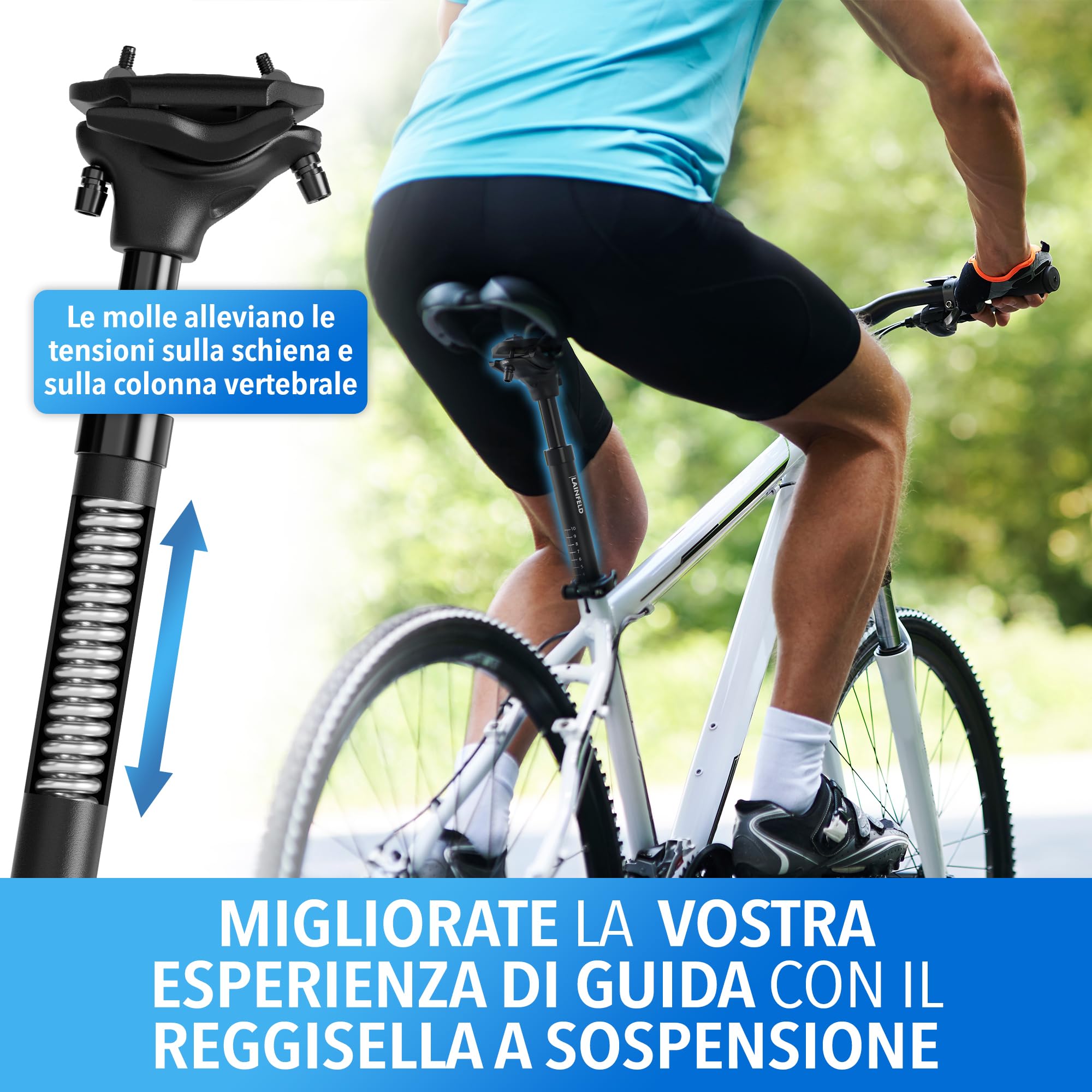 LAINFELD Reggisella ammortizzato | Attrezzi inclusi | 27,2 mm, 30,9 mm o 31,6 mm | Reggisella ammortizzato regolabile MTB e-bike bicicletta da donna da uomo