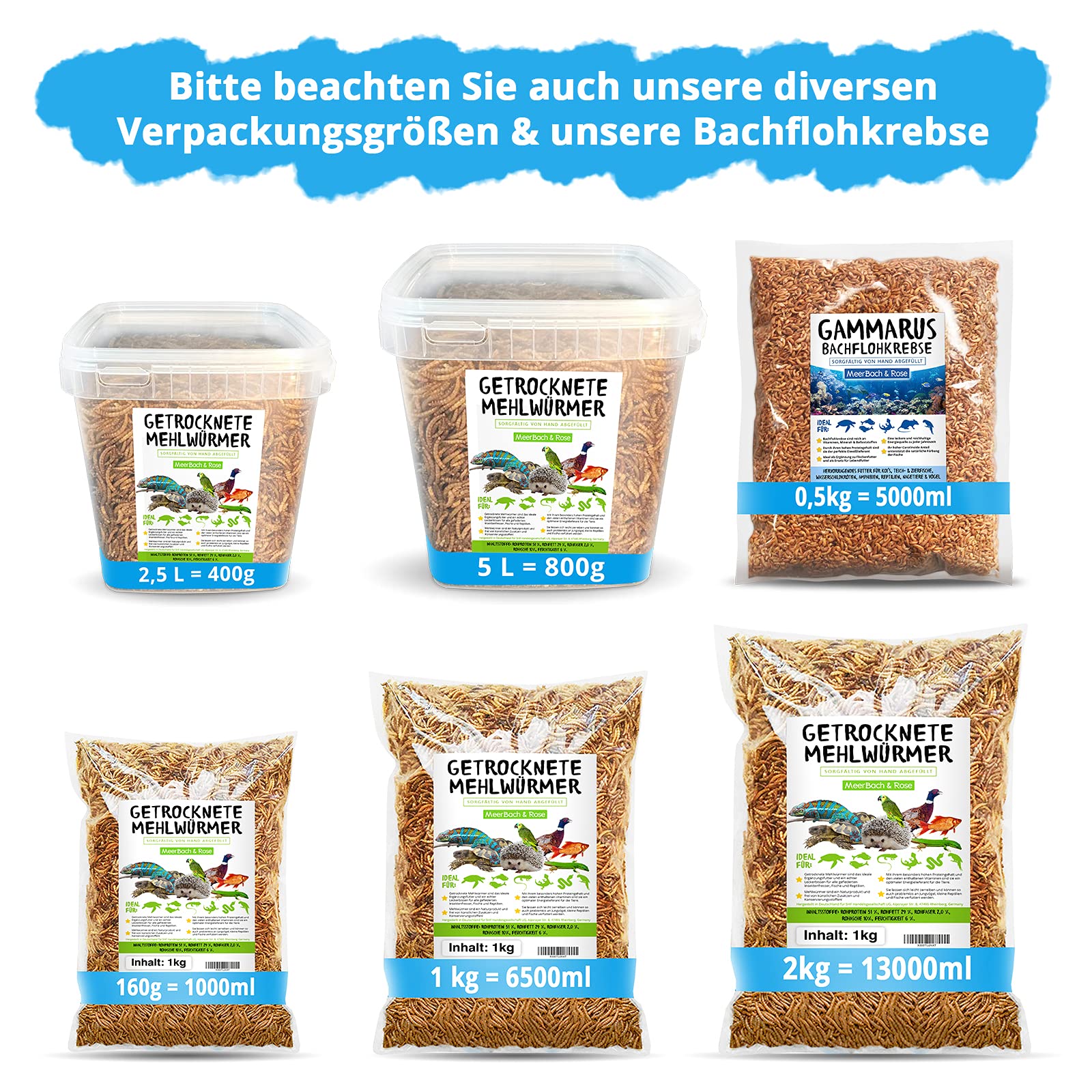 MEHLWÜRMER getrocknet 2kg Vorratsgröße (entspricht 13 Litern) | Proteinreicher Snack für Vögel, Wildvögel, Fische, Reptilien und Nager. MEERBACH & ROSE - Qualität aus Deutschland