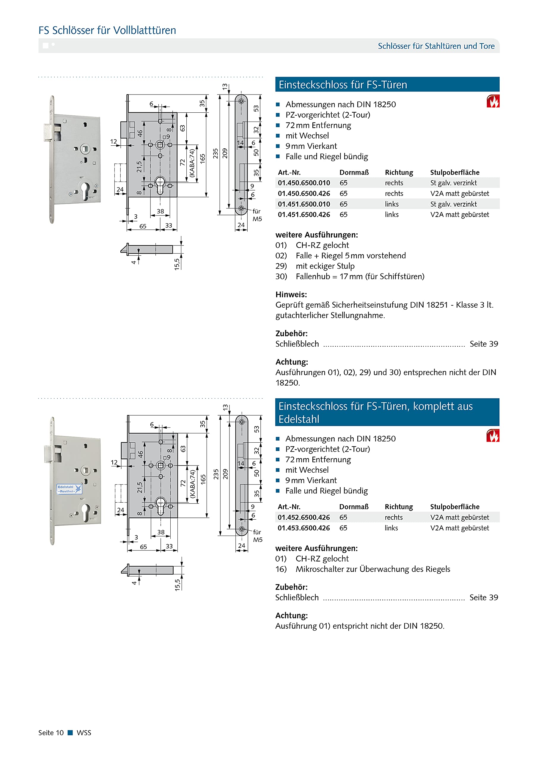 Cerradura empotrable para puertas FSS, completamente de acero inoxidable, dirección del producto: DIN izquierda, acabado: perforado.