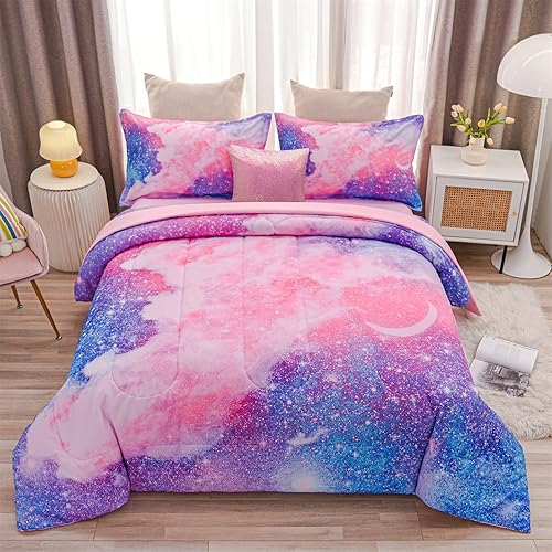 A Nice Night - Juego de cama con estampado de galaxia, con edredón de espacio exterior impreso en 3D, conjunto de colcha con purpurina rosa, tamaño