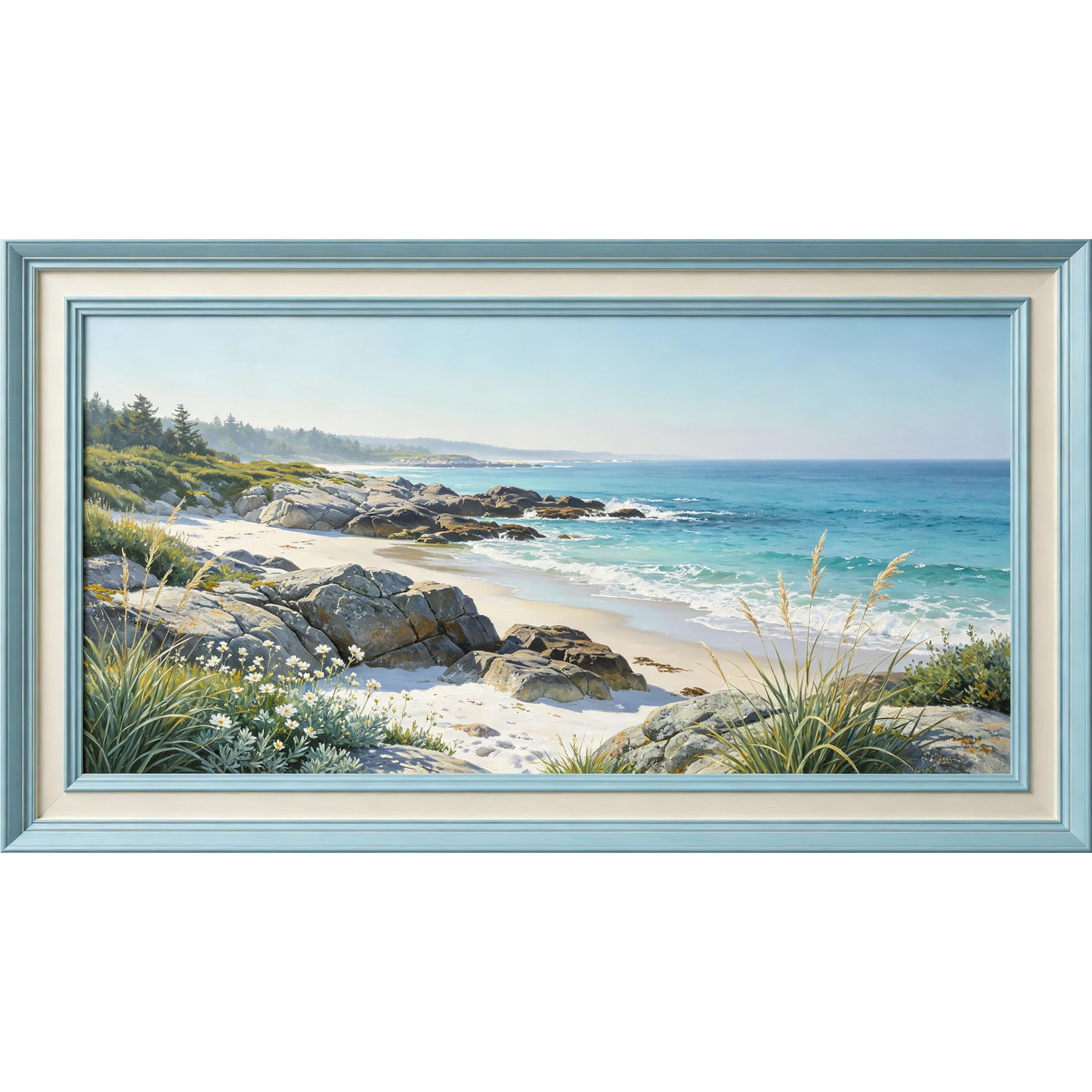 QZLITHOTIC 50×100cm 3D Framed Wall Art， Coastal Ocean Landscape Self?Adhesive Mural， Water?Activated Peel & Stick Fabric Decor Wall Decal for Bedroom Living Room