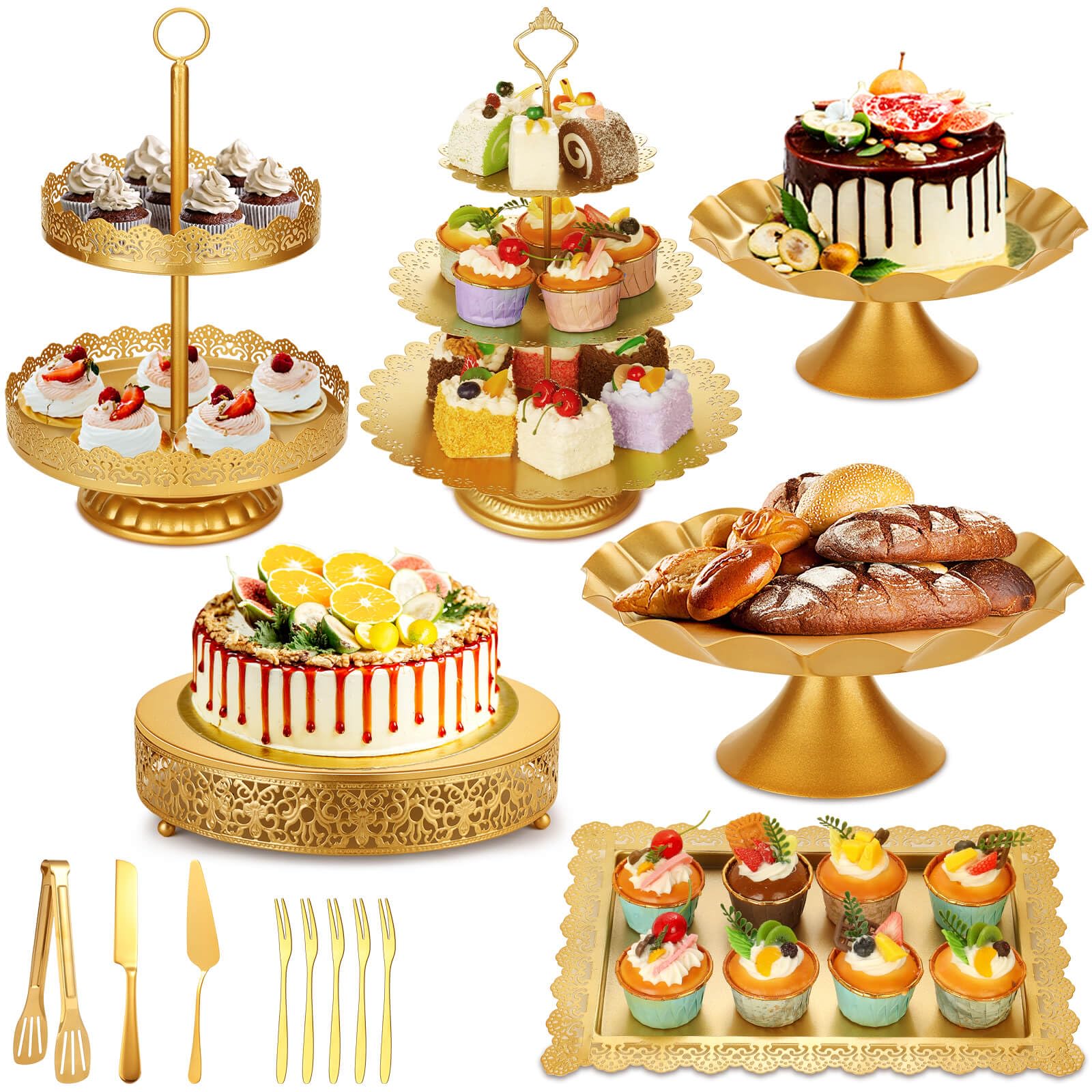 Photo 1 of Audab Gold Dessert Table Display Set, Including Cake Stand, Cupcake Stand, Serving trays, Platters, Cake Cutting Set and Serving Tongs for Vintage Wedding Decor, Party Food Decorations