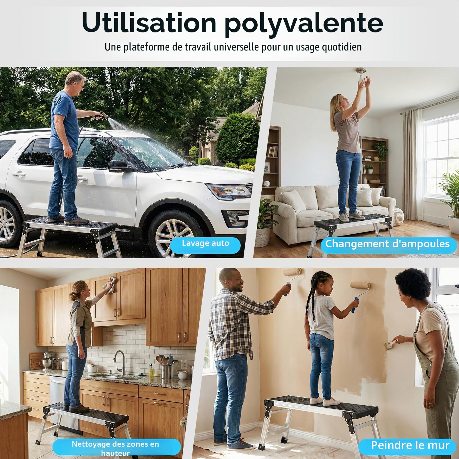 Johgee Plate-forme de travail pliable en aluminium avec pieds antidérapants, tabouret pliable avec verrous de sécurité pour nettoyage de voiture, travaux de peinture, atelier et usage domestique