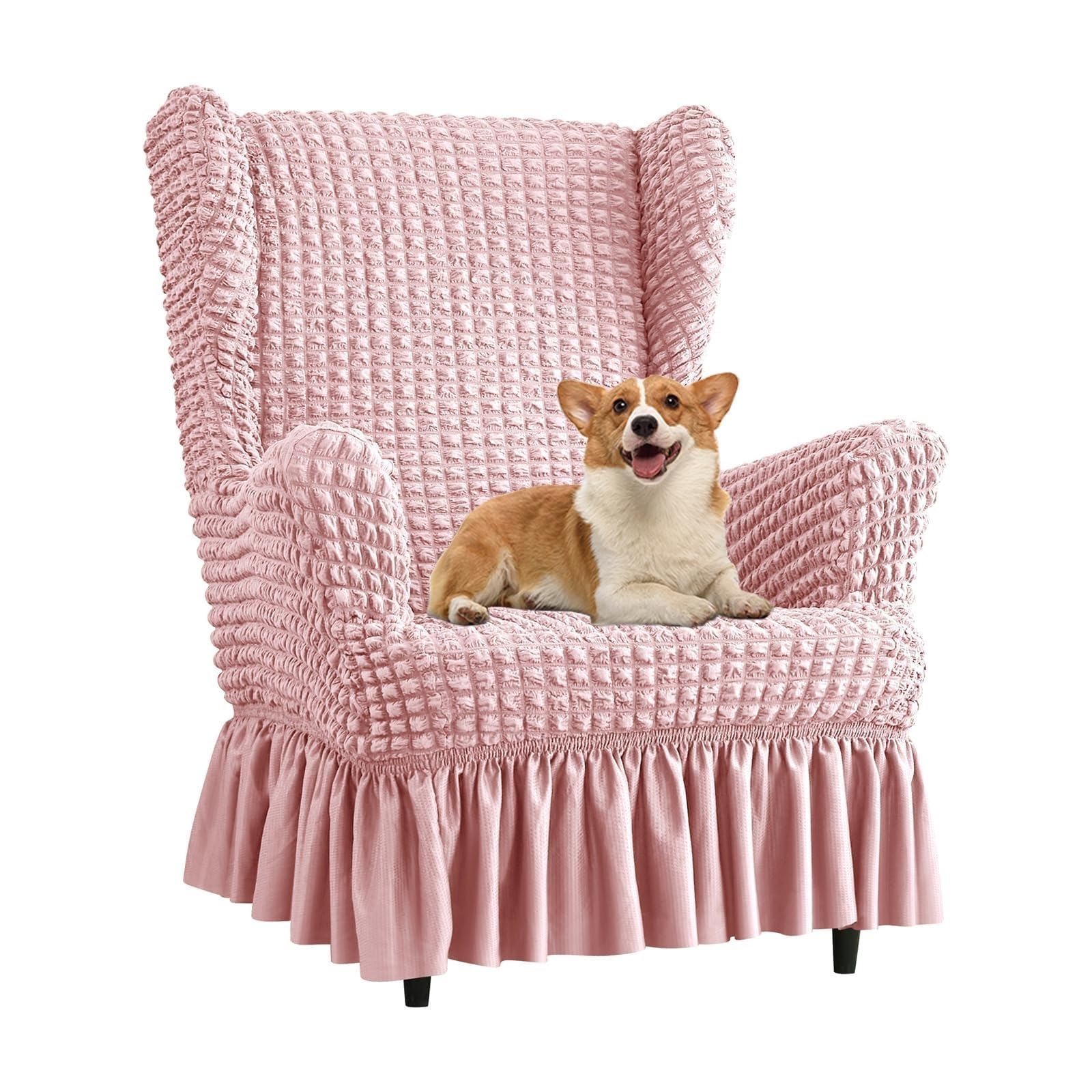 Generisch Elastische Seersucker-Husse für Ohrensessel – Universal Ohrensesselbezug mit Rüschen, Waschbarer Sesselbezug für Wohnzimmer, Hochlehner-Schonbezug im Set(Pink,Chair)
