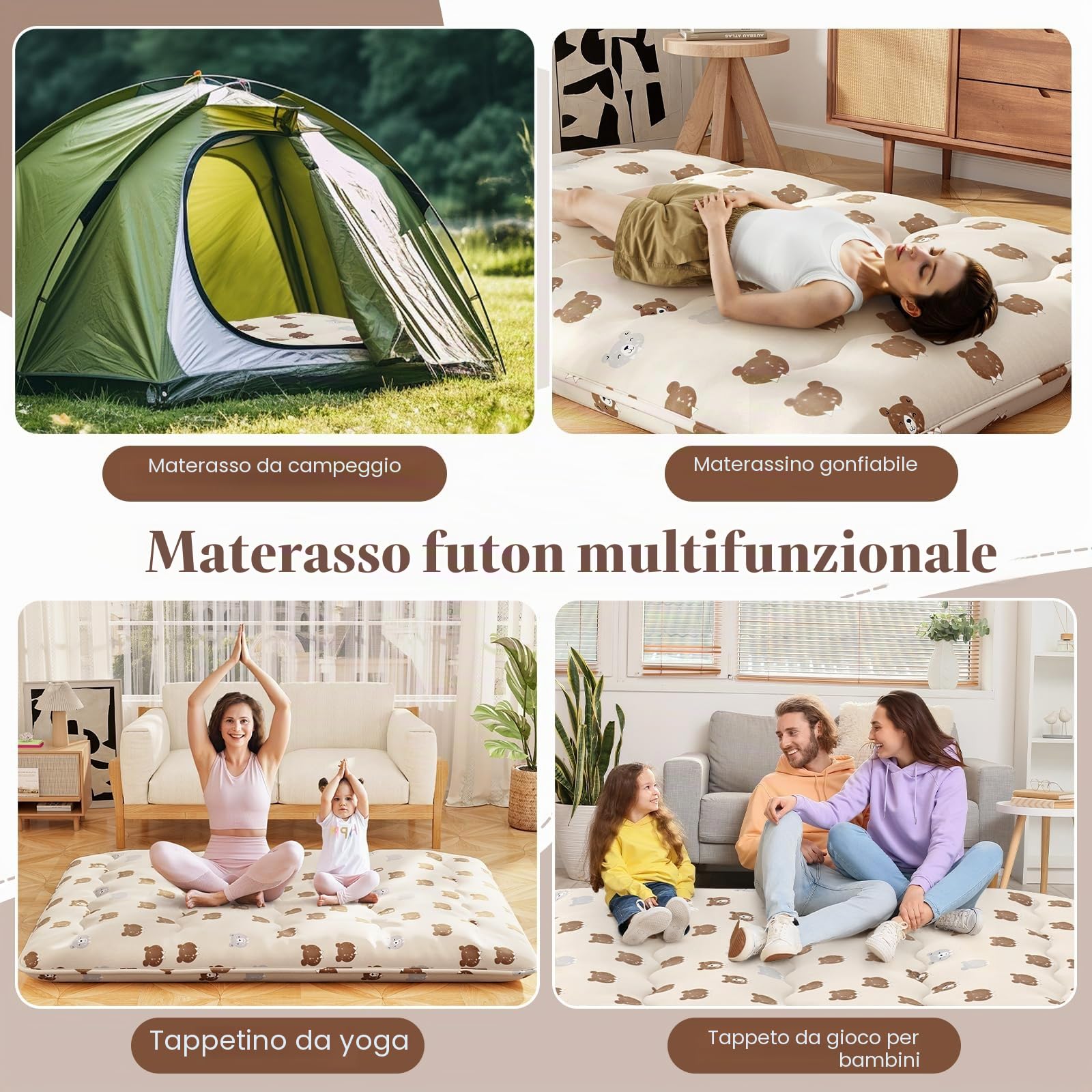 LIFEZEAL Futon Giapponese da Pavimento, Singolo 90x200cm, Materasso Futon da Terra, Tatami Cotone, Arrotolabile, Portatile, Pieghevole, con Fodera Lavabile, Borsa per Campeggio, Motivo a Orsetti
