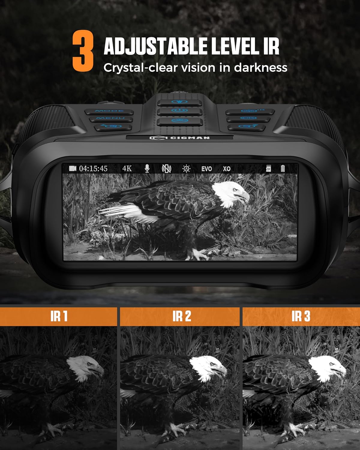 Screen view showing three levels of infrared (IR) illumination