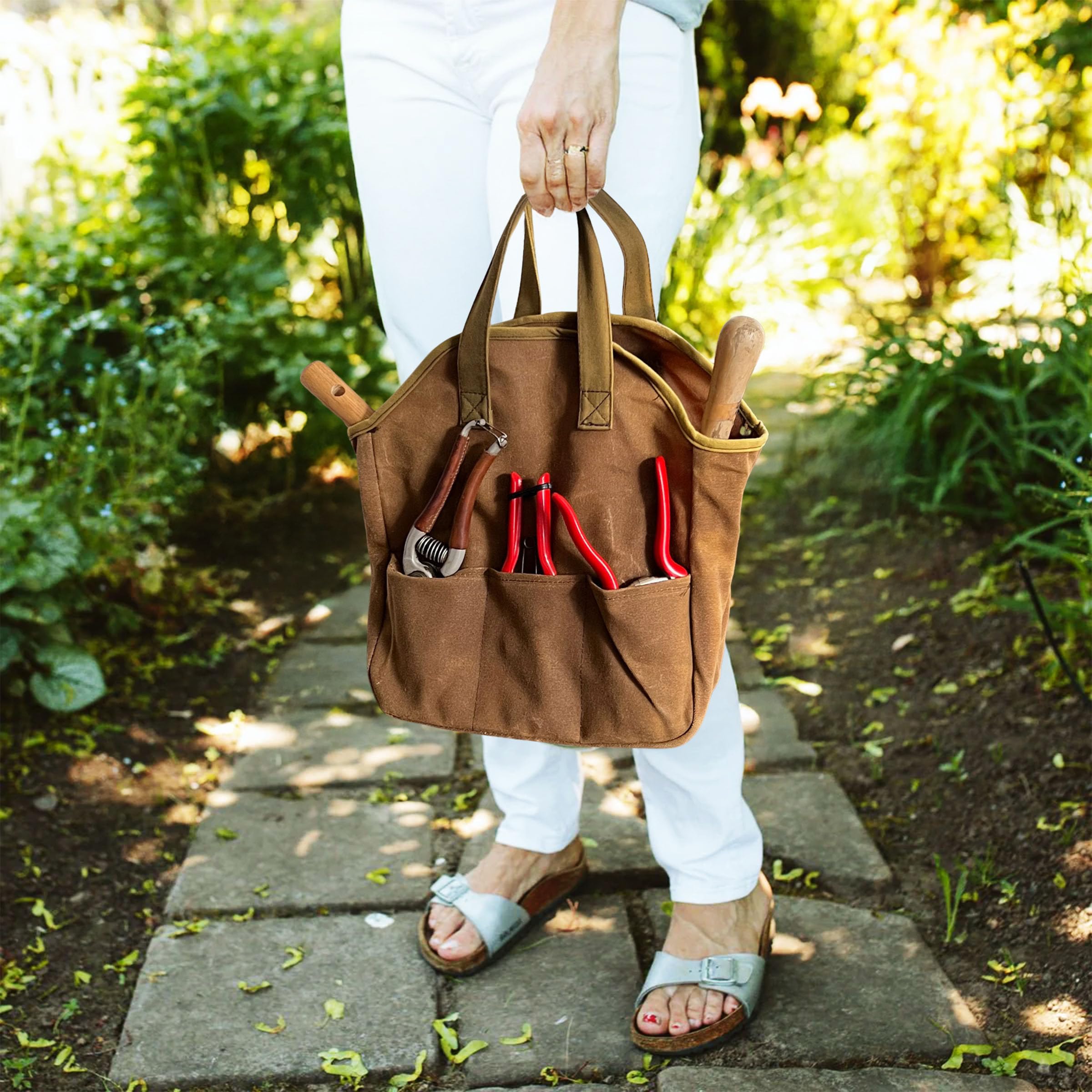 Bolsa de herramientas de jardín – Bolsa de lona encerada resistente de 12 x 14 pulgadas con 6 bolsillos interiores y 3 exteriores para organizar herramientas de jardinería – Regalos de jardinería para