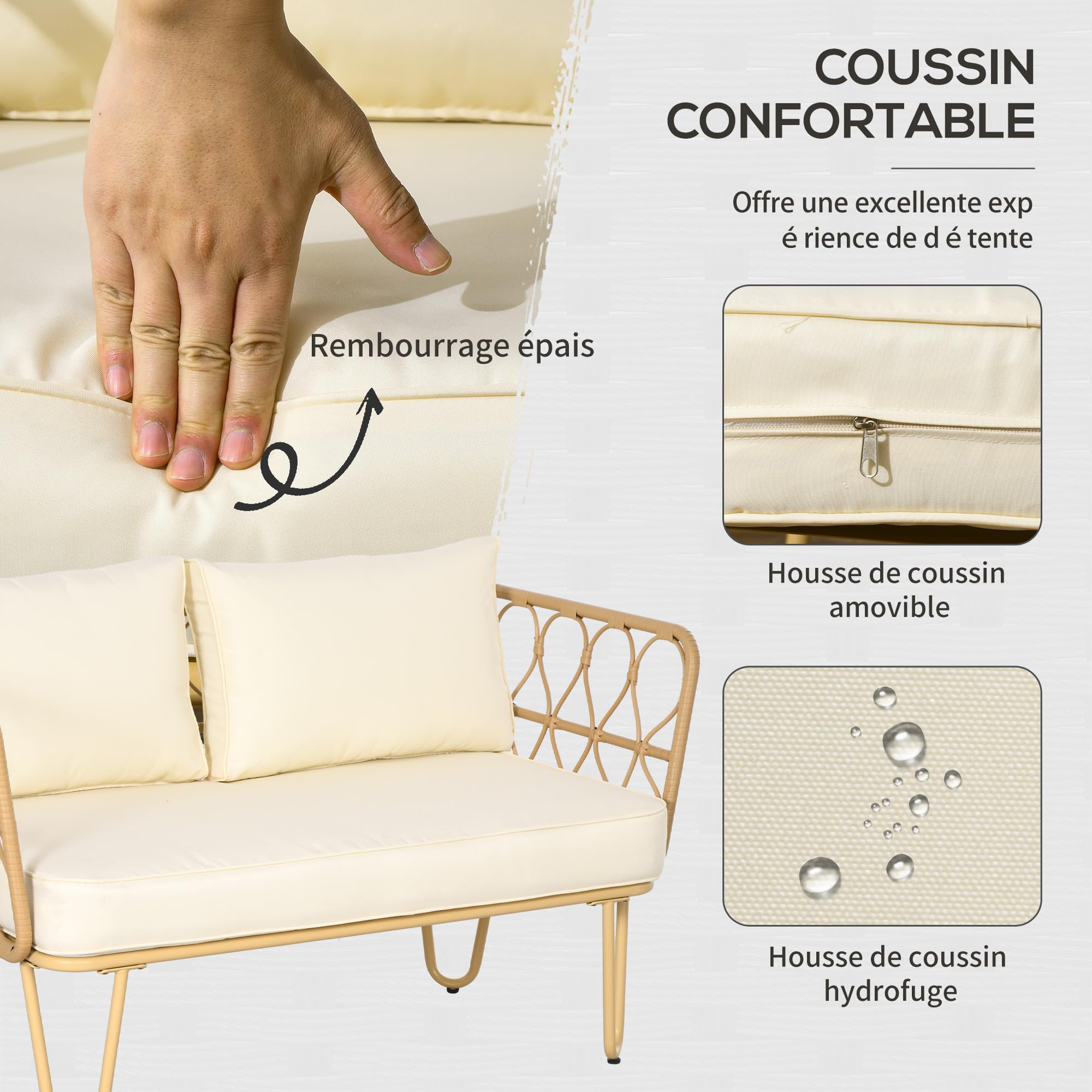 Outsunny Ensemble Salon de Jardin 4 pièces canapé 2 Places + 2 fauteuils + 1 Table Basse Plateau Verre trempé 7 Coussins - Acier et résine tressée - crème