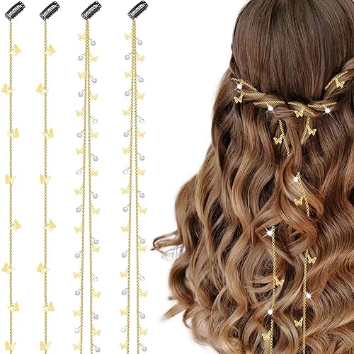 4 cadenas trenzadas de cabello de mariposas, joyas para el cabello con diamantes de imitación, pinzas para el cabello de mariposas, accesorios para