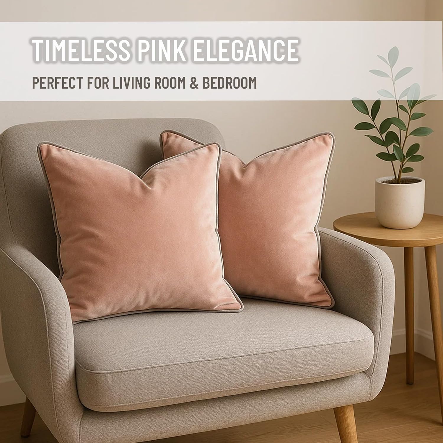 2 Pack Velvet Decorative Throw Pillow Covers, 12"x20", Pink and Grey, Solid, Modern, Contrast Piping, Indoor Use, Bedroom & Living Room