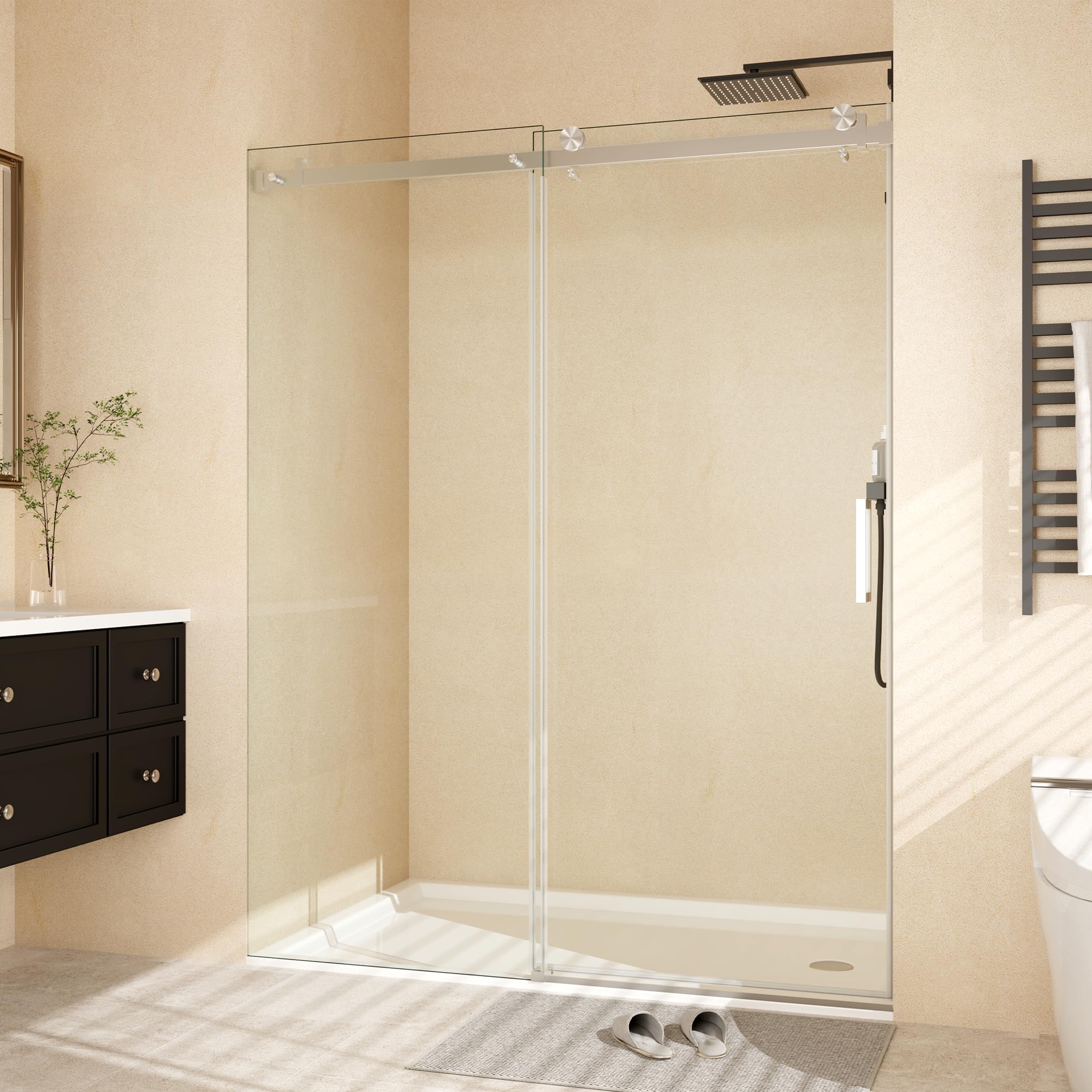 GarveeTech 56" - 60" W x 76" H Frameless Sliding Shower Door with Handle, 5/16" (8mm) Clear Explosion-Proof Tempered Glass, Waterproof Seal Strip, Brushed Nickel Finish