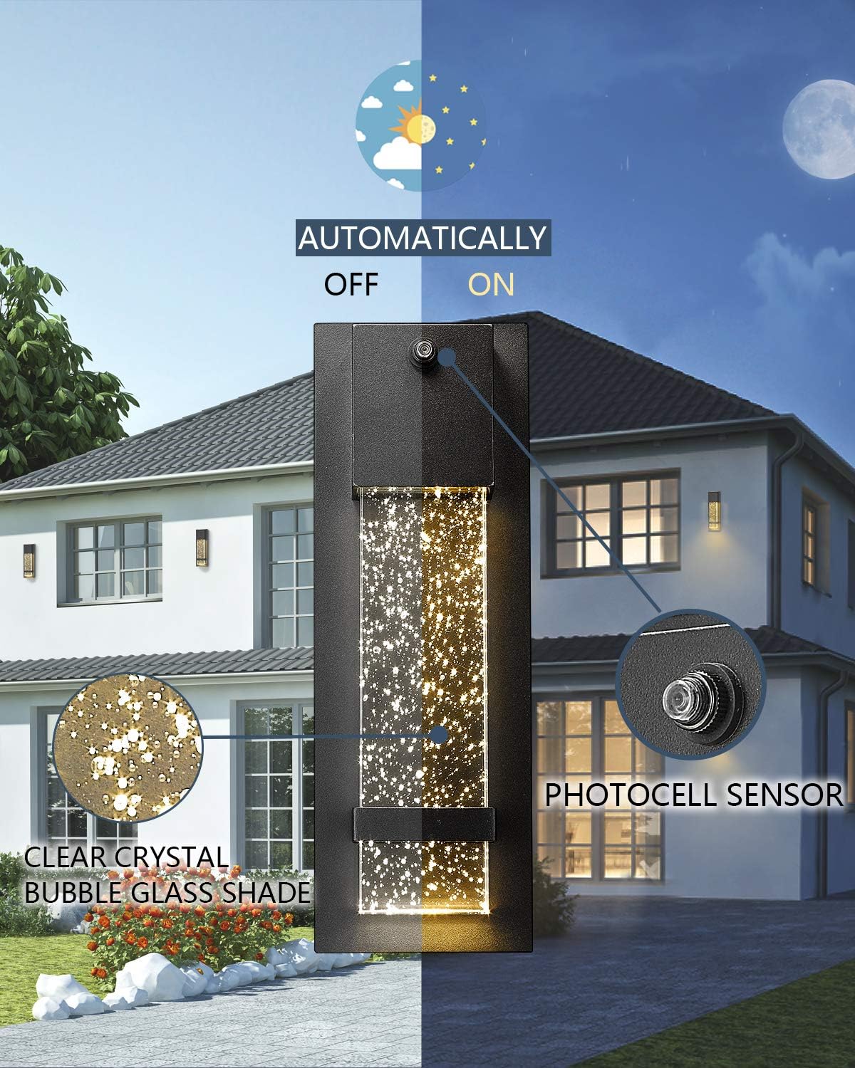 Dusk to Dawn Outdoor Wall Light Fixture, HWH Exterior Wall Sconce Porch Light 2 Pack, Outside Wall Lights in Black Finish with Crystal Bubble Glass, 5HW9-B-P-2PK BK