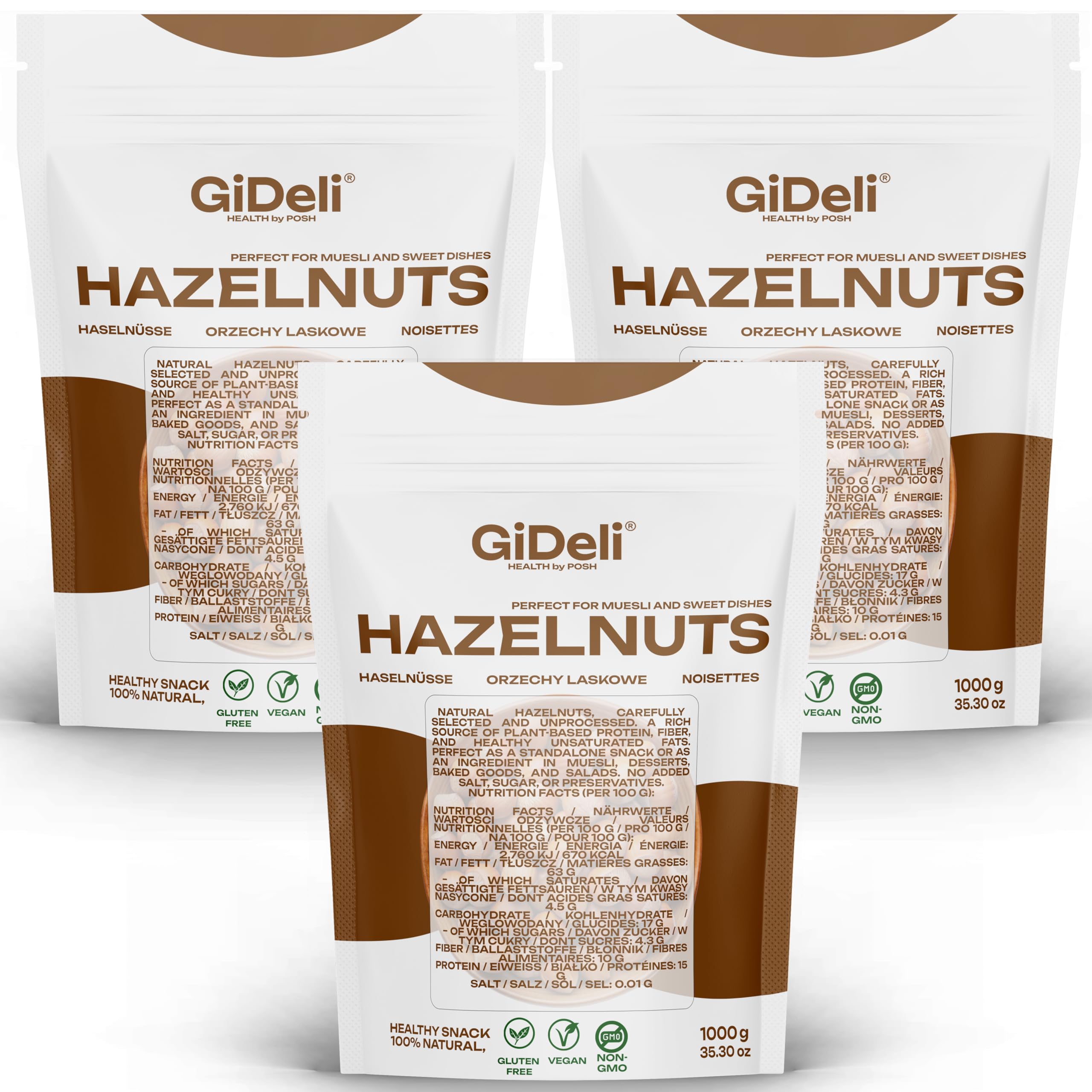 GiDeli haselnüsse Ungesalzene 3 x 1kg geschält als Snack, Backzutat und zum Verfeinern von Speisen roh, naturbelassen doypack