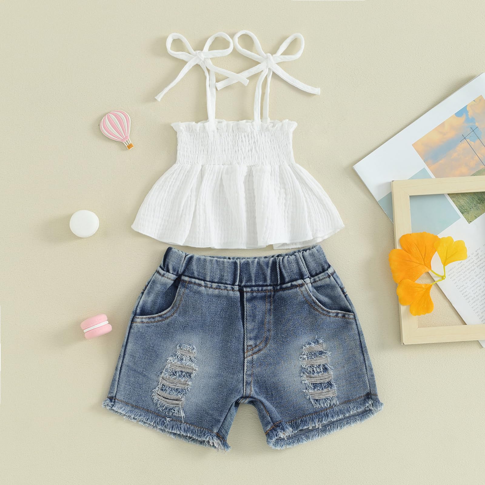 fhutpw Baby Toddler 12 18 24 Months 2T 3T 4T Girl Clothes Summer Ruffle Sleeveless Tops & Ripped Denim Shorts Set Kid Outfits
