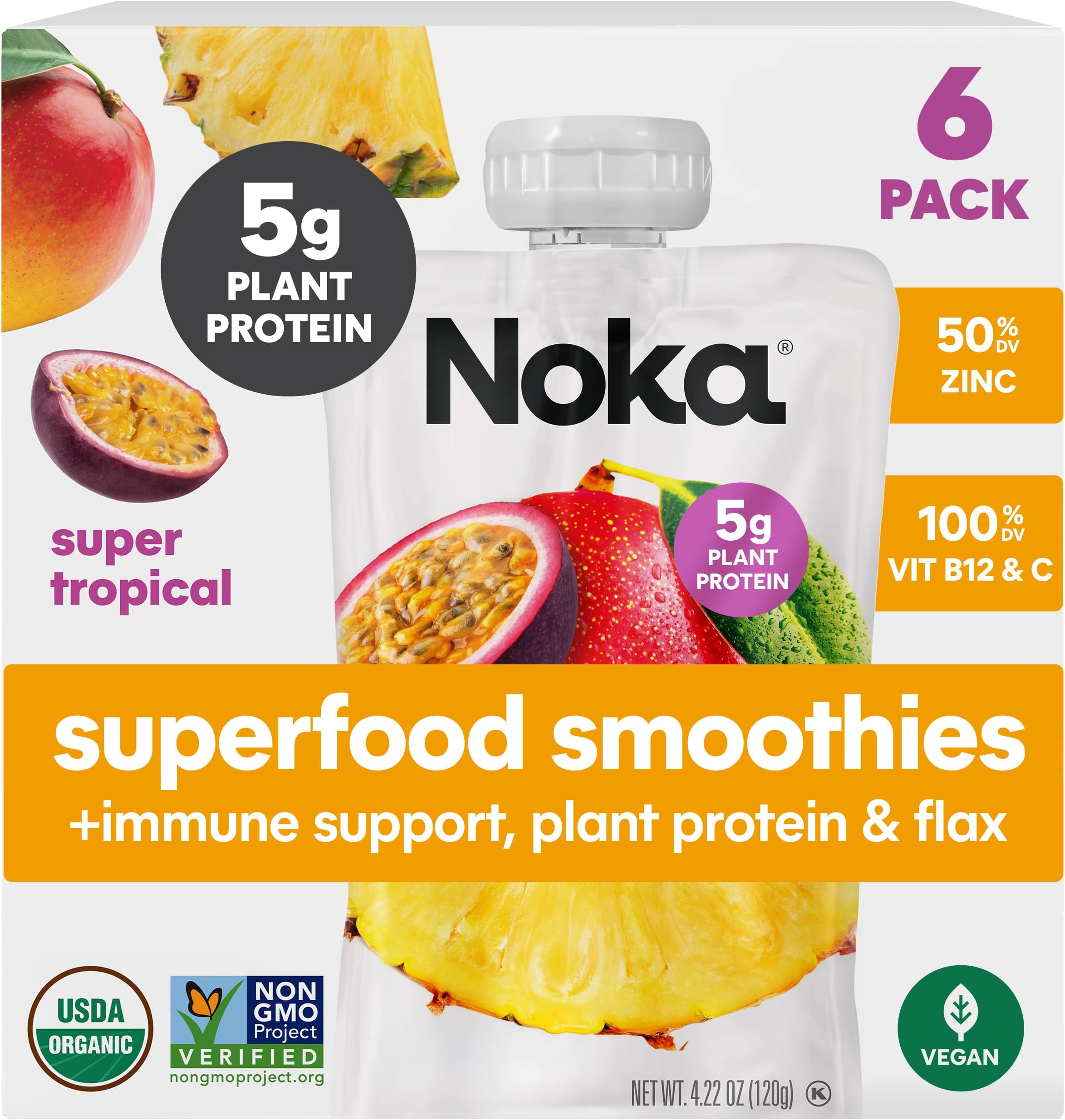 Superfood Fruit Smoothie Pouches with Immune Support, Super Tropical, Healthy Snacks with Vitamin C, Plant Protein, Flax Seed, Gluten Free, Squeeze Pouch, 4.22 oz (Pack of 6)