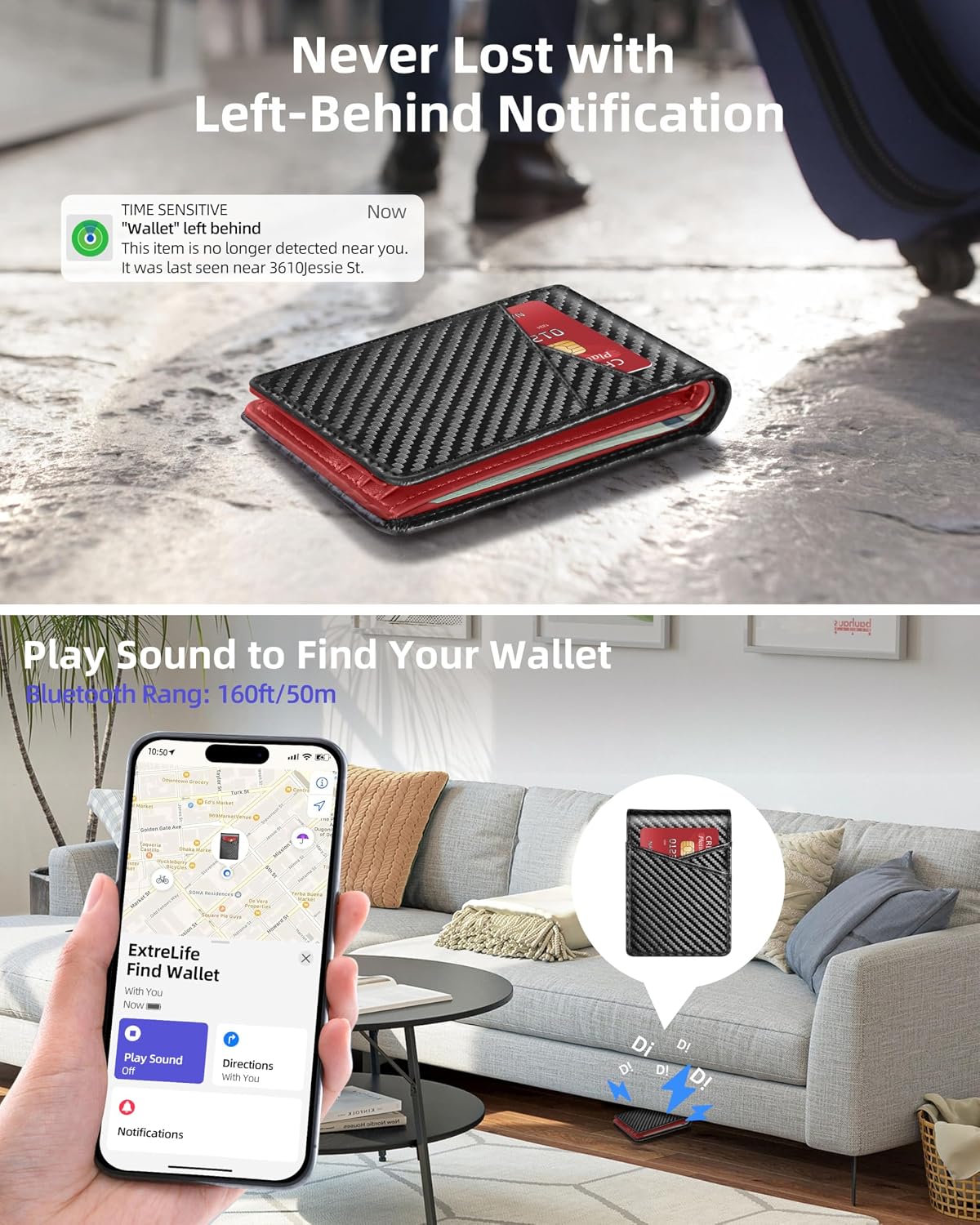 Smart Men Wallet with Find My, Wallet Tracker, RFID Blocking Credit Card Holder, Left-Behind Alert, Play Sound, Anti-Loss, Wireless Rechargeable, Works with iPhone, iPad, Mac, Carbon Black & Red image 3