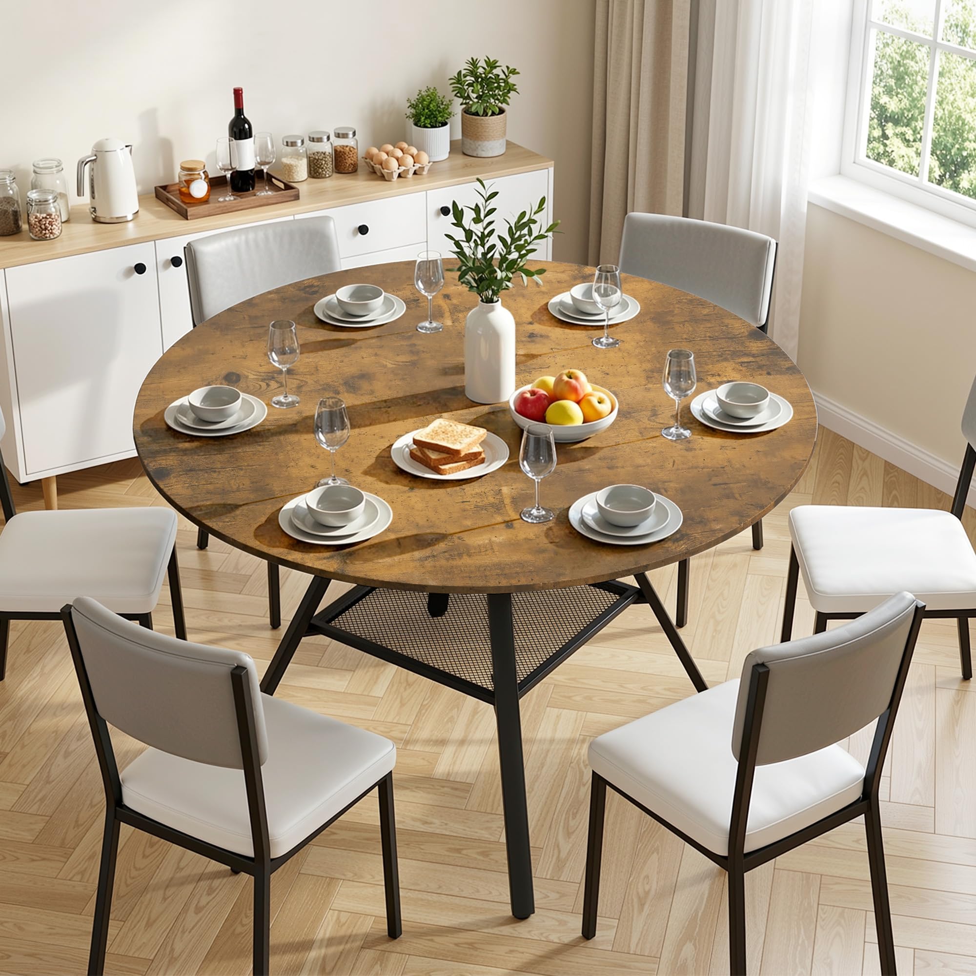 Runder Esstisch 120 cm, Esszimmertisch Holz für 4–6 Personen, mit Ablage und stabilem Metallgestell, platzsparender Küchentisch im Industrial Design für Esszimmer Küche Wohnzimmer, Retro
