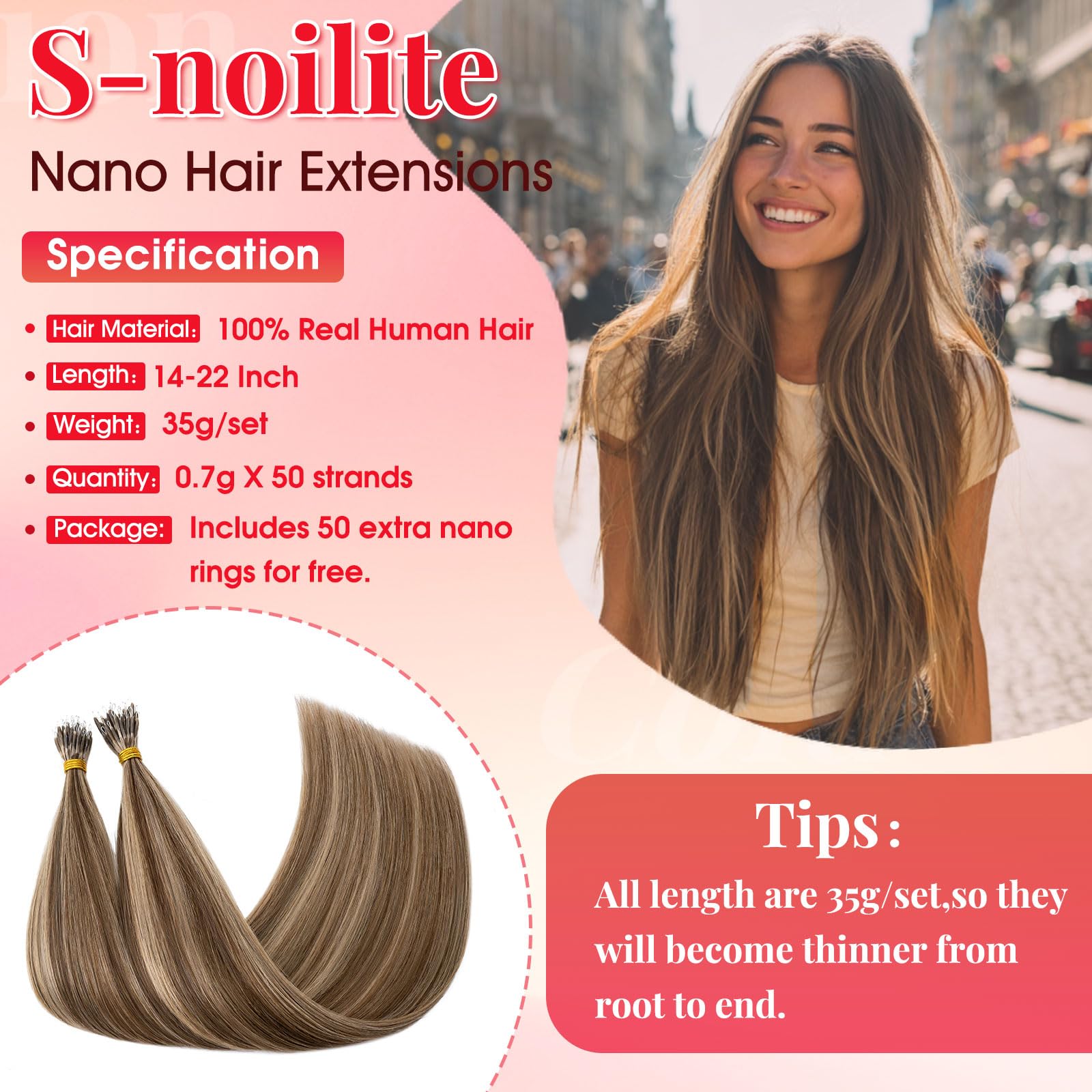 S-noilite Nano Hair Extensions Real Human Hair Medium Brown/Dark Blonde - Image 2
