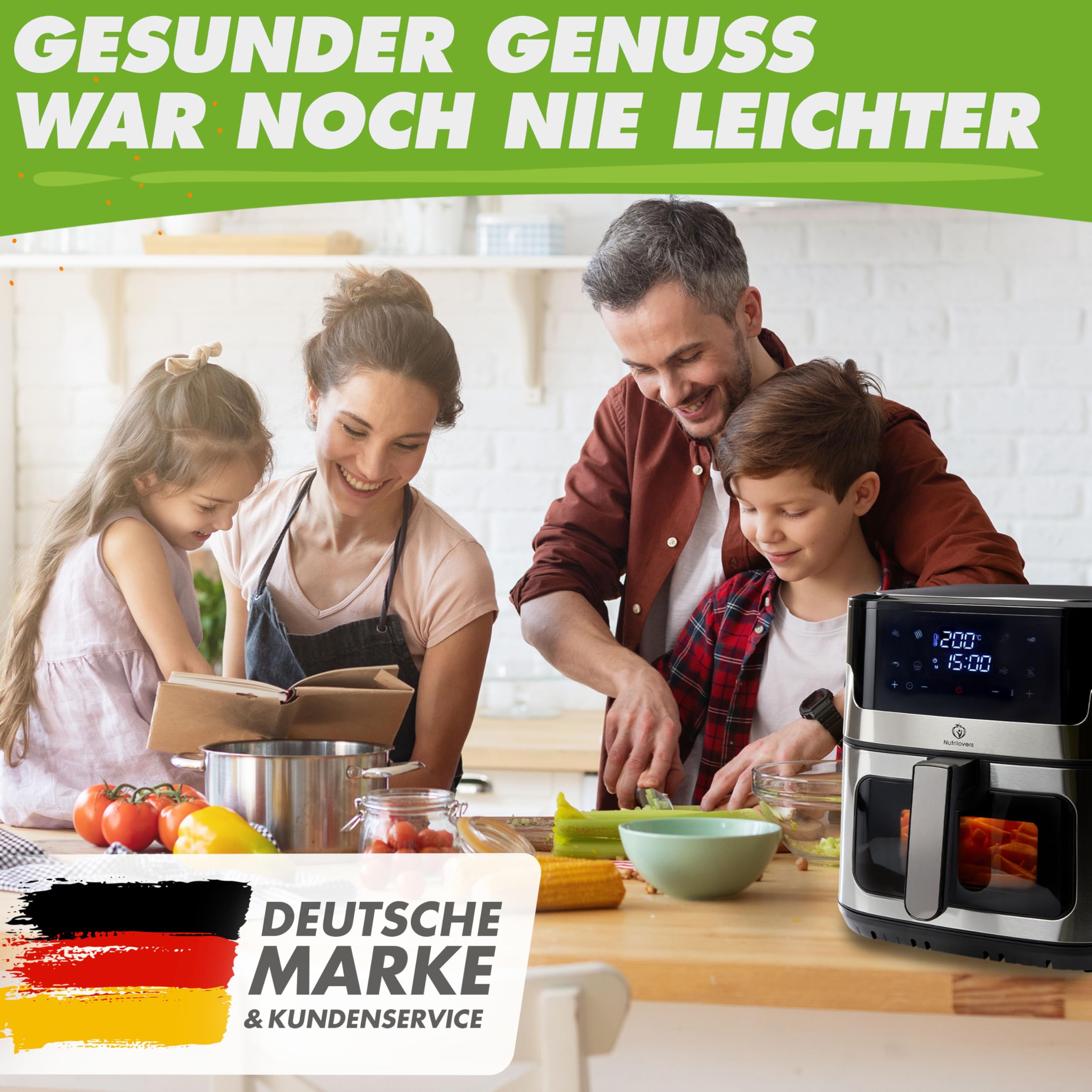 Nutrilovers Heißluftfritteuse NUTRI-FRYER EDELSTAHL XXL 8L, 2000W, Airfryer Edelstahl mit LED Touch Display, Double Heating Technologie, Sichtfenster, fettarme Pommes Fritteuse ohne Öl inkl. Rezepte