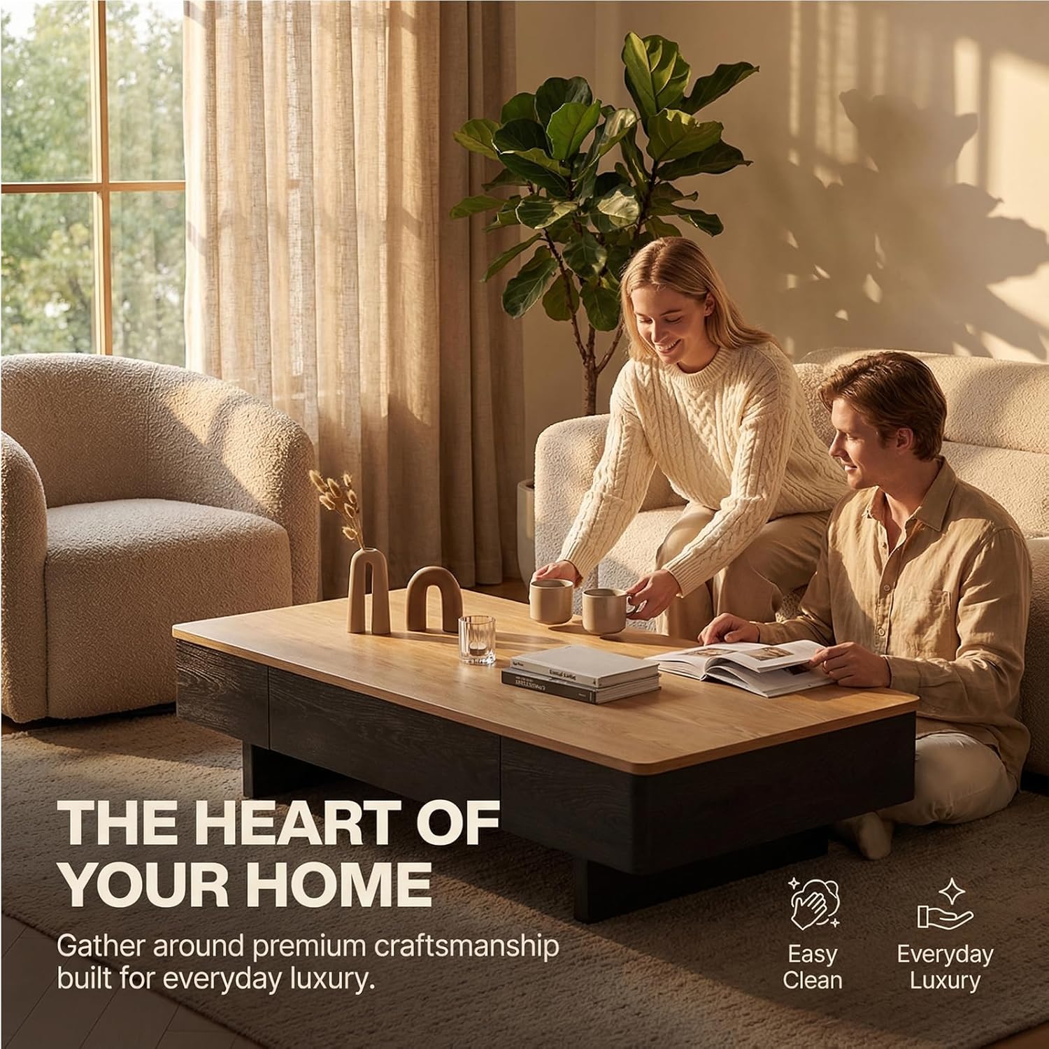 47.2" Wooden Coffee Table with Drawers, Rectangular Coffee Table with Sturdy Carbon Steel Base, Living Room Center Table for Parties & Gatherings, Safe Rounded Edges, Durable