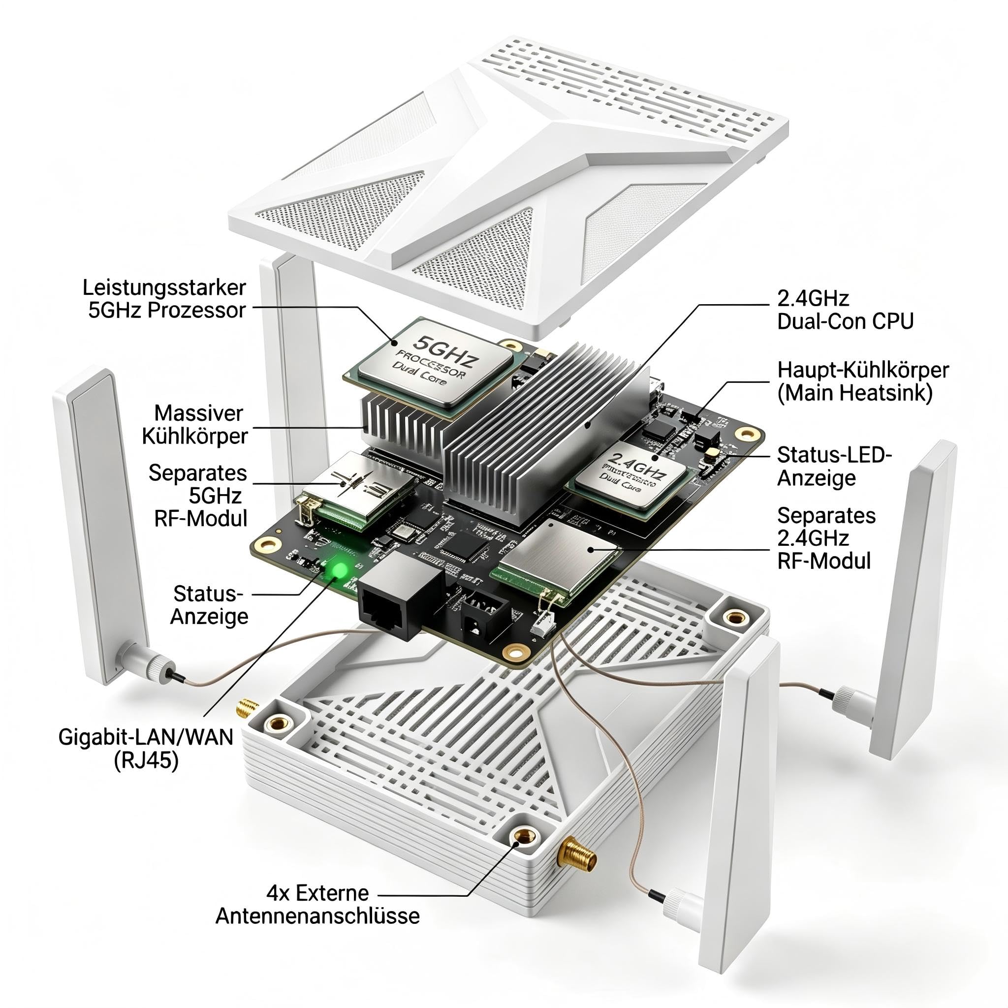 2100M WLAN Repeater, Dual Band WLAN Amplificador con conexión Gigabit LAN | Wi-Fi 5 GHz y 2,4 GHz, 4 antenas externas, seguridad WPA2/WPA3, para todos los routers, fácil configuración, color blanco