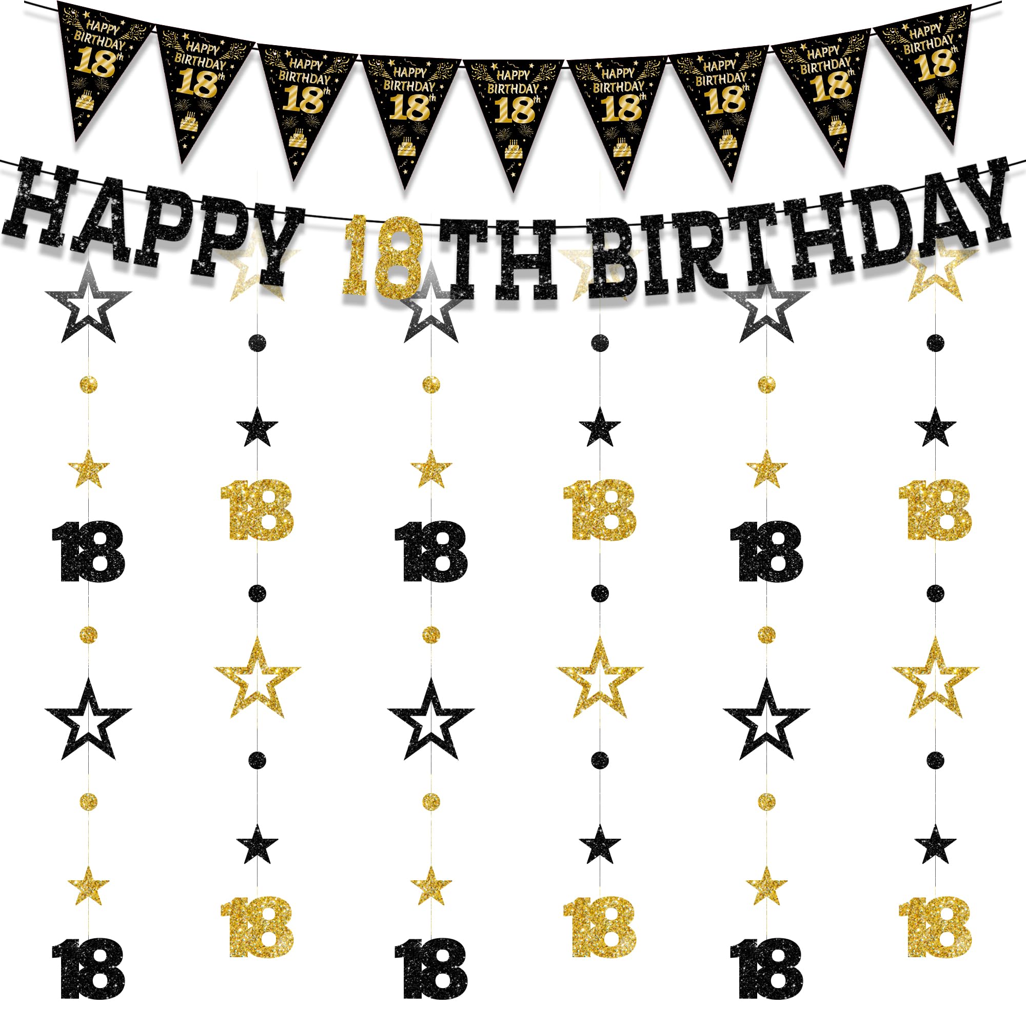 18th Birthday Decorations Banner Garland - 8 Pcs Black Gold Glitter Banners Triangle Bunting Star Dots Number 18 Garlands Set for Boys Girls 18 Year Old Birthday Party Decor Supplies
