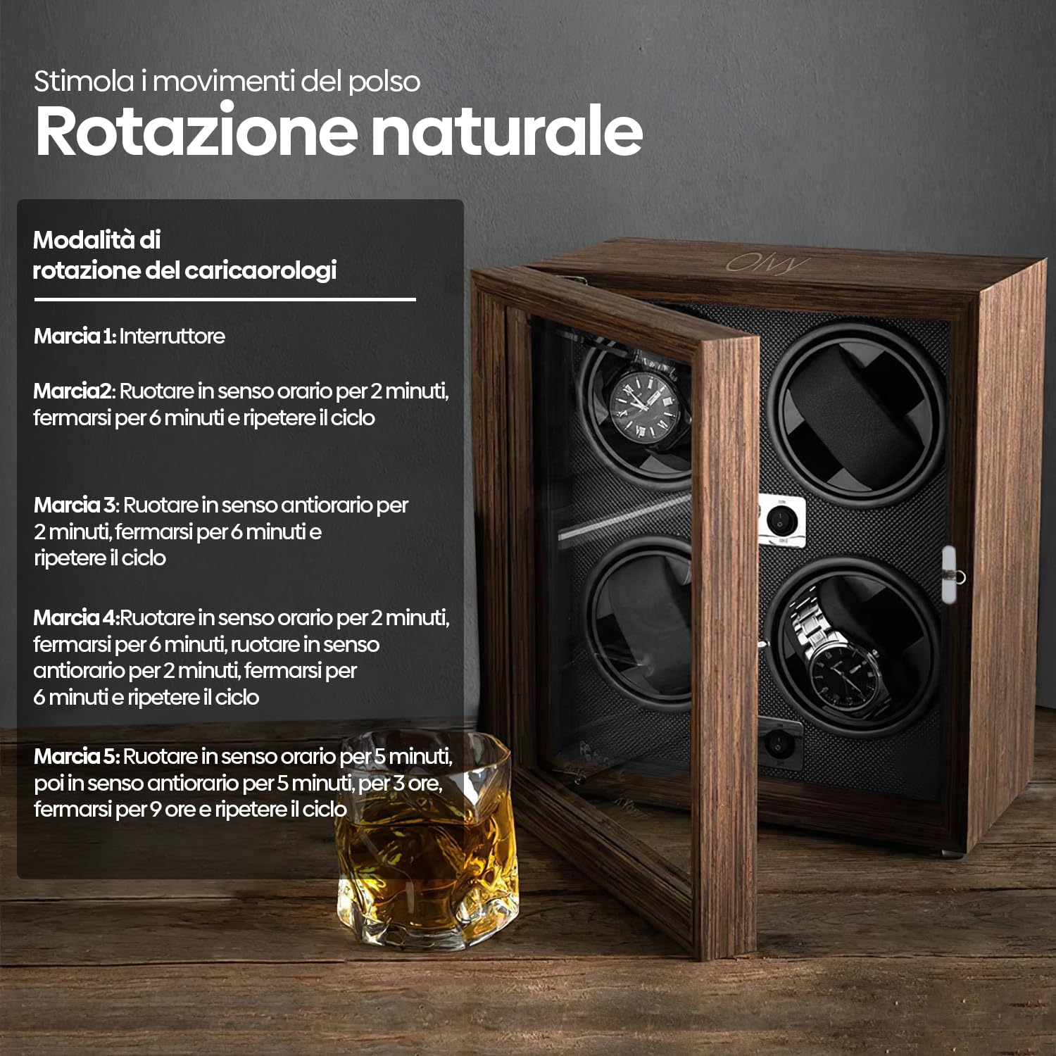 Olvy Caricatore per 4 orologi, illuminazione a LED, Watchwinder Box in legno, motore Mabuchi estremamente silenzioso, cuscino flessibile per orologi