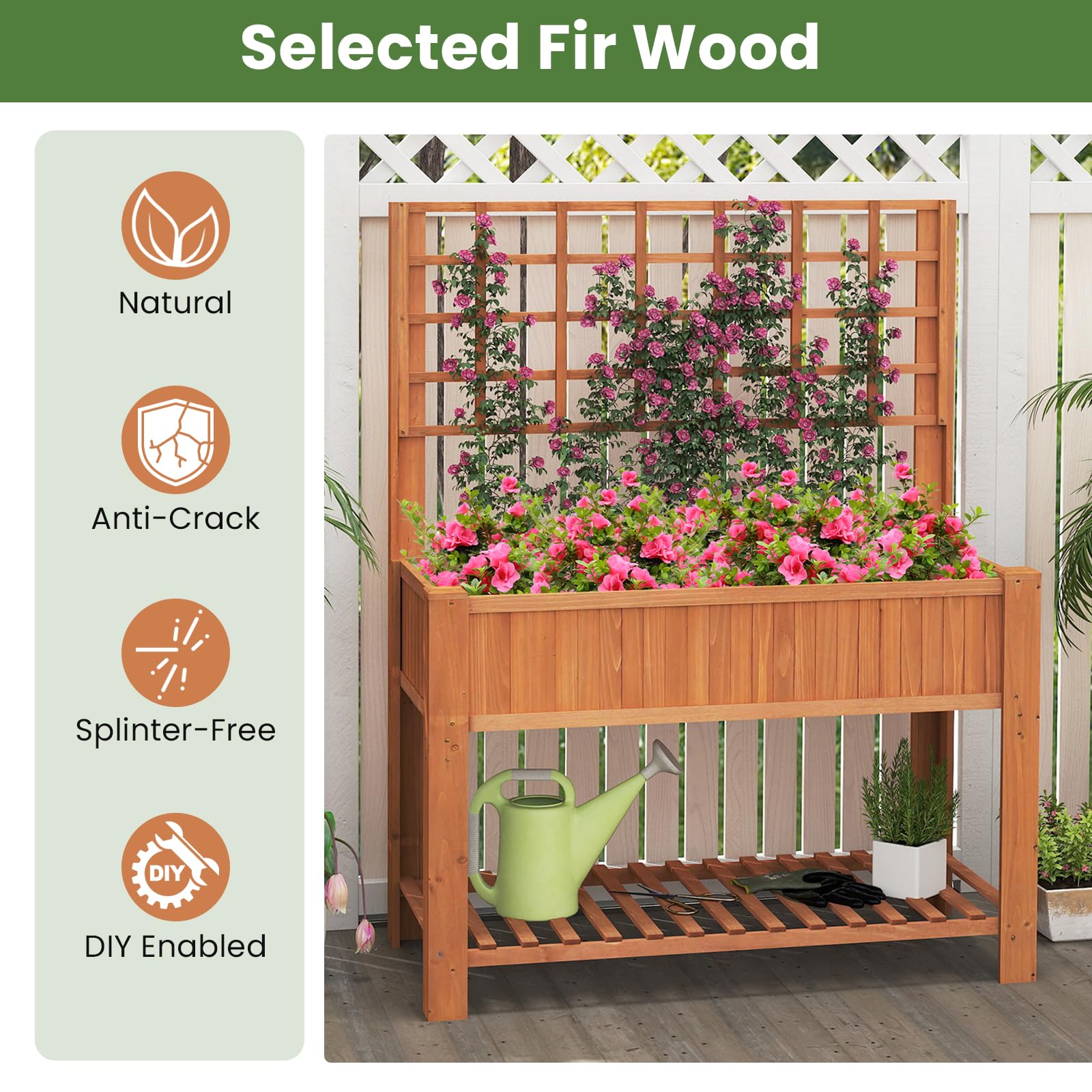 HOMASIS Jardinera Elevada con Celosía sobre Pie,Huerto Urbano Terraza,Bandeja de Plantas de Madera para Planta Trepadora con Estante de Almacenamiento y Agujeros de Drenaje， (Marrón, 116x59x150cm)